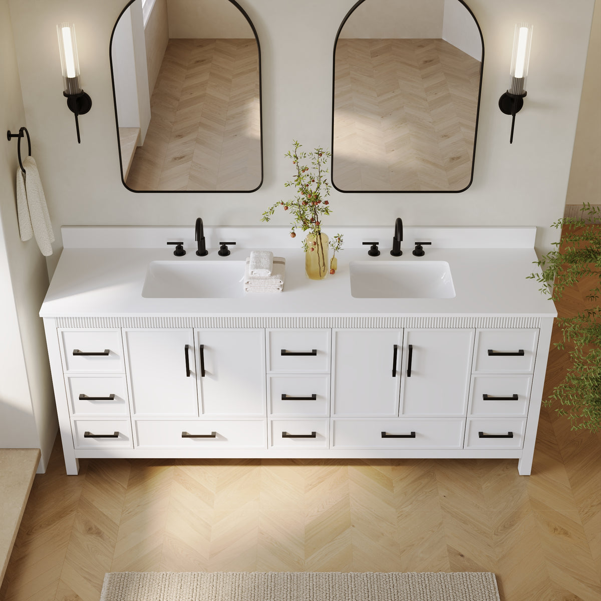 84 Inch Freestanding Solid Wood Bathroom Vanity with Pure White Quartz Countertop, 4 Soft-Close Doors & 11 Dovetail Drawers, White