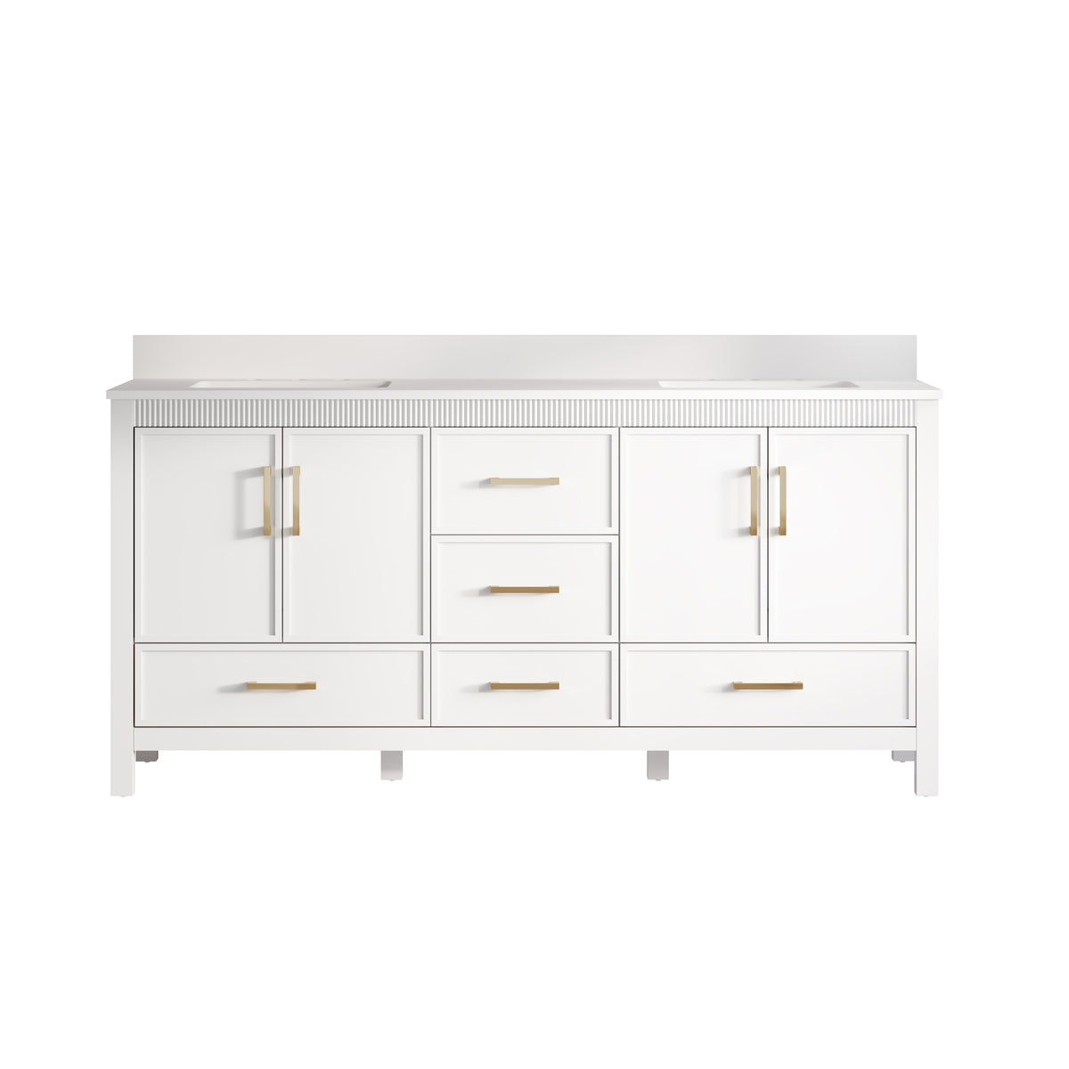 72 Inch Freestanding Solid Wood Bathroom Vanity with Pure White Quartz Countertop, 4 Soft-Close Doors & 5 Dovetail Drawers, White