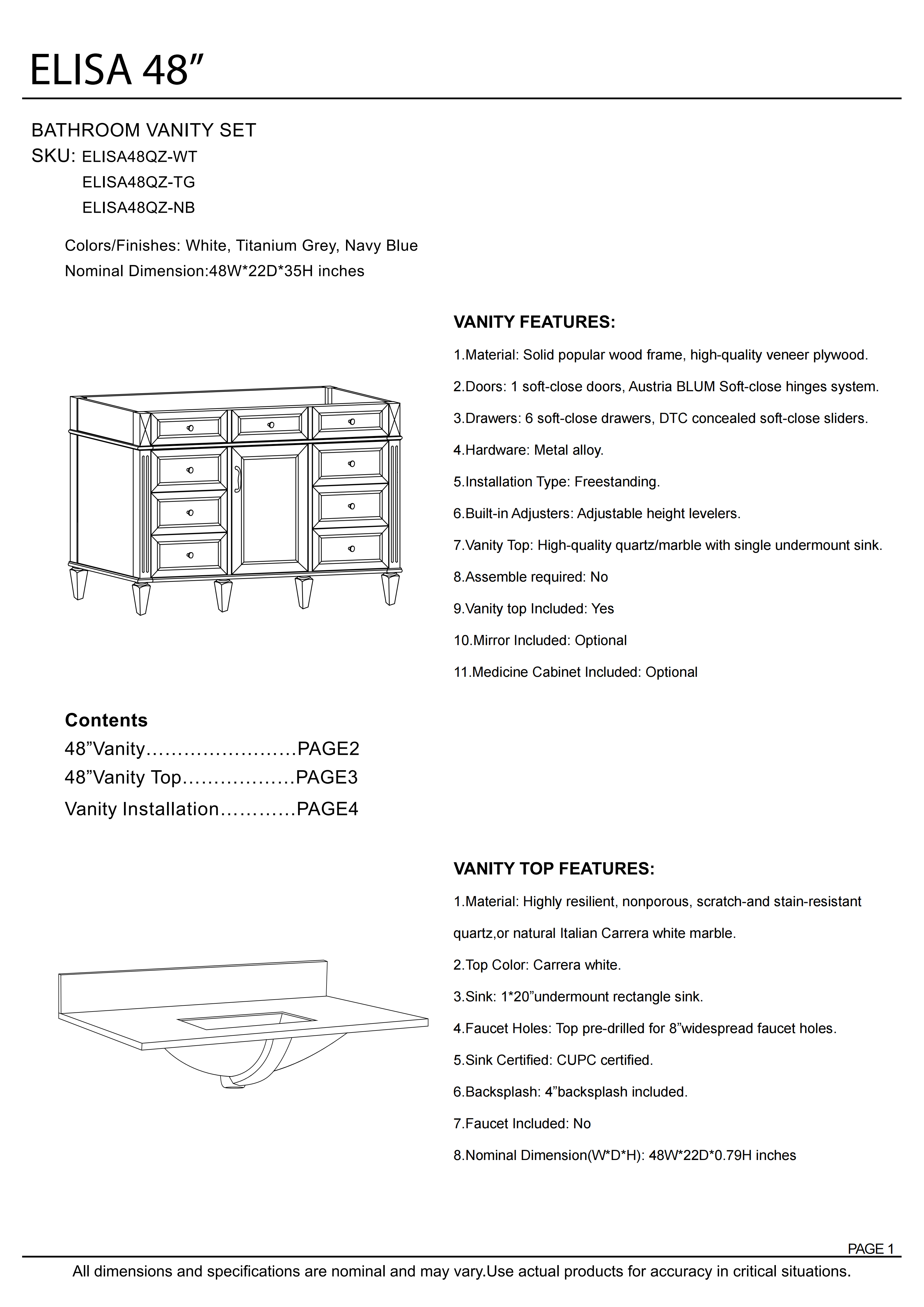 48 in. White Bathroom Vanity with Carrara white Quartz Top and Single Basin