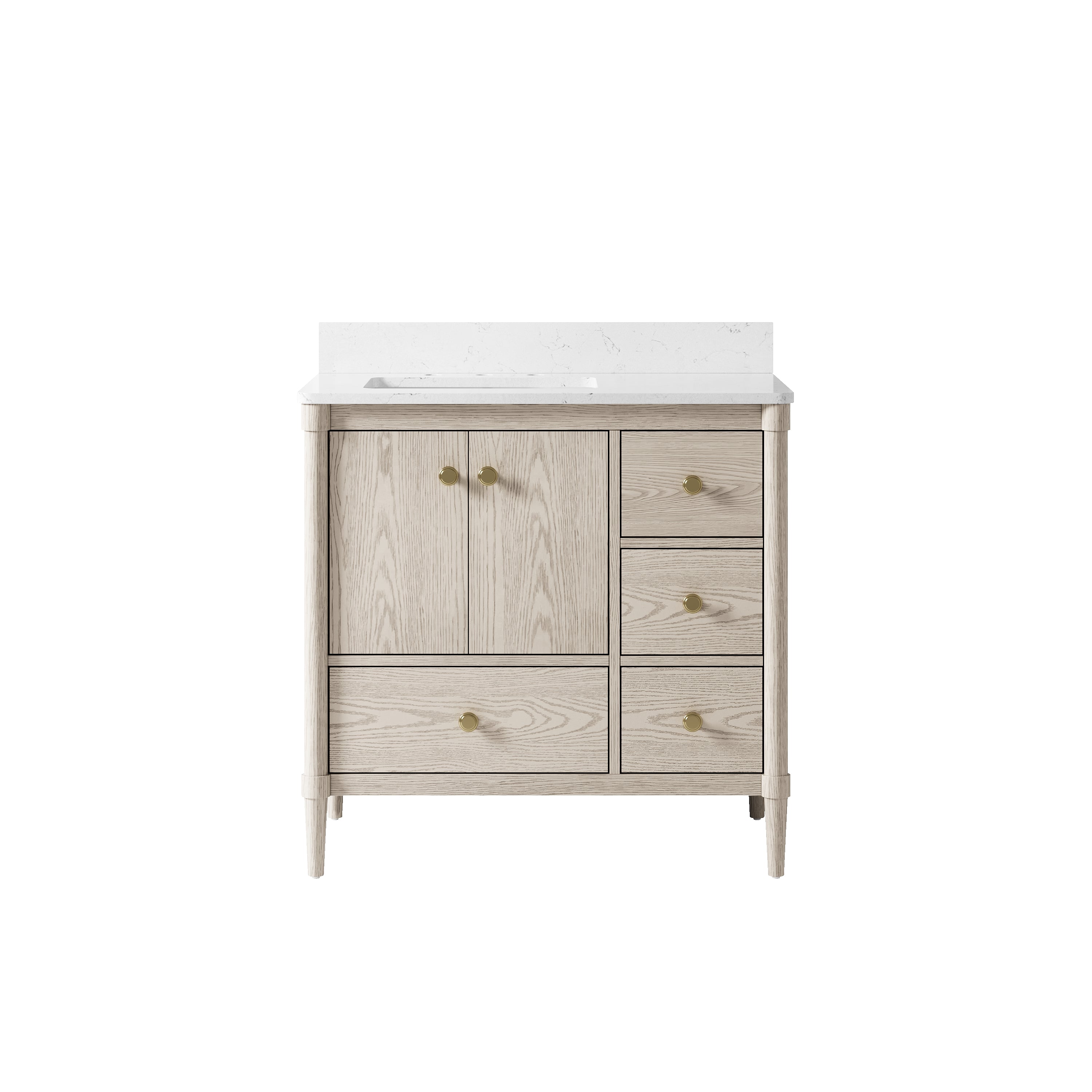 36-Inch Freestanding Oak Bathroom Vanity with Single Carrara White Quartz Top Sink