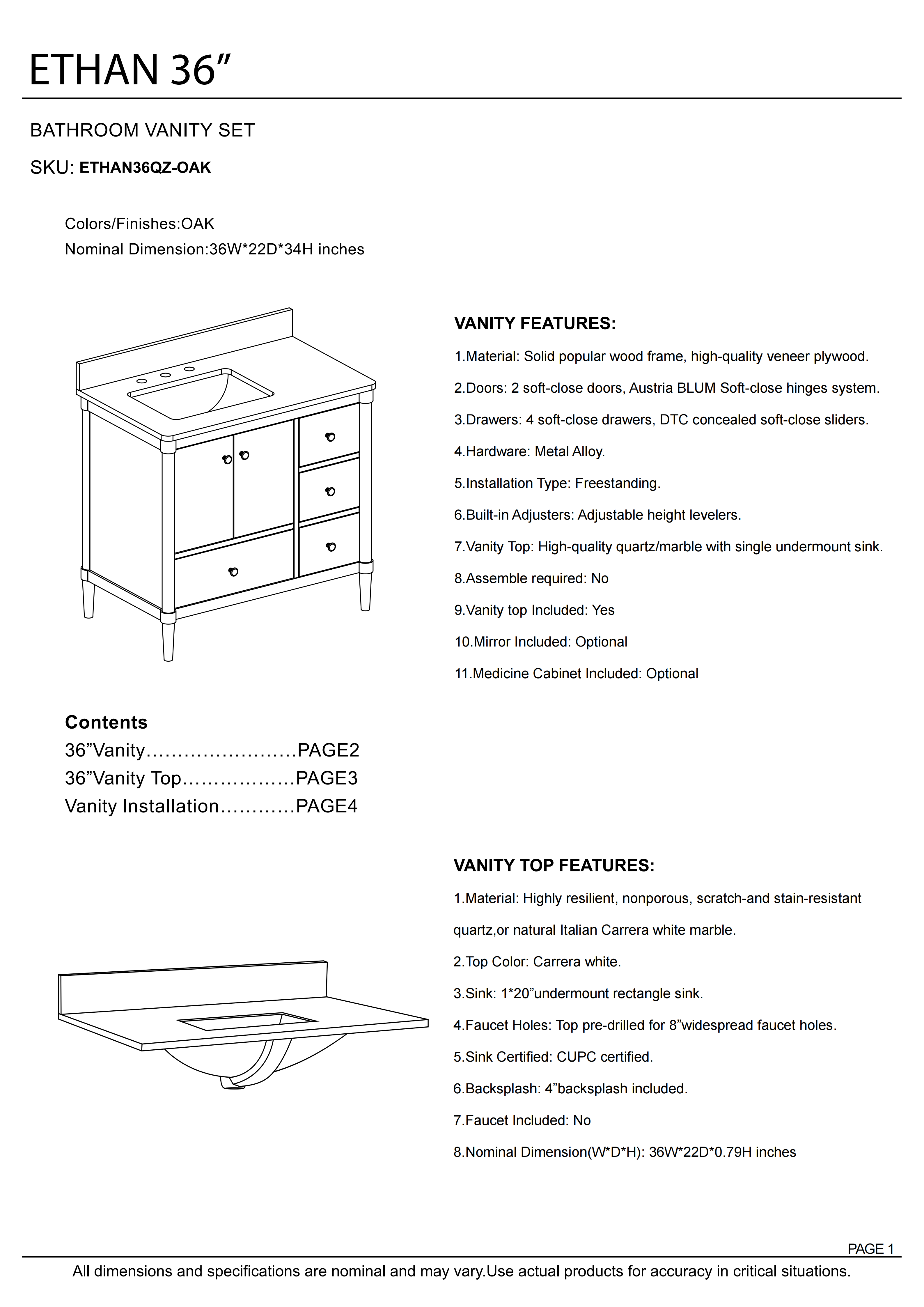 36-Inch Freestanding Oak Bathroom Vanity with Single Carrara White Quartz Top Sink
