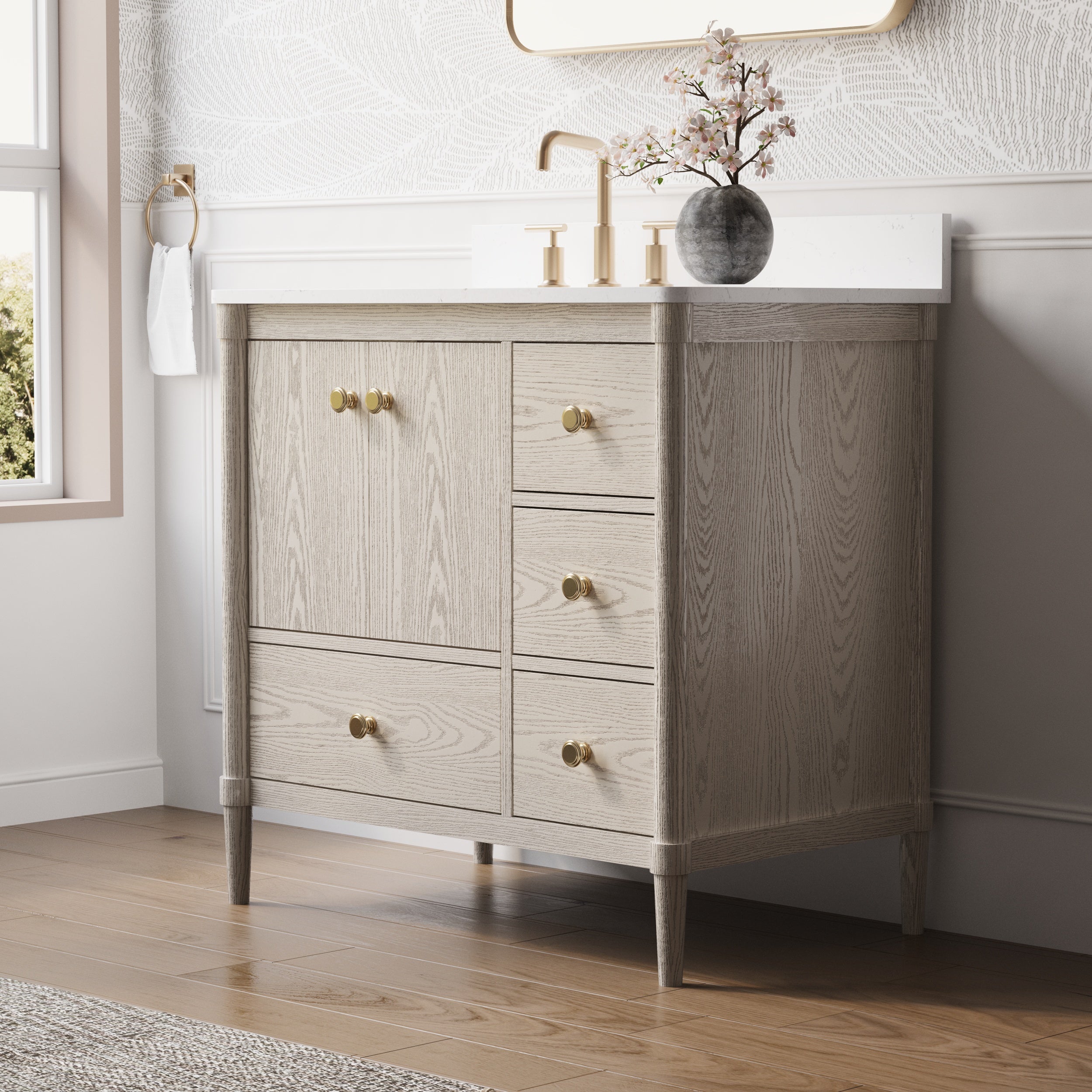 36-Inch Freestanding Oak Bathroom Vanity with Single Carrara White Quartz Top Sink