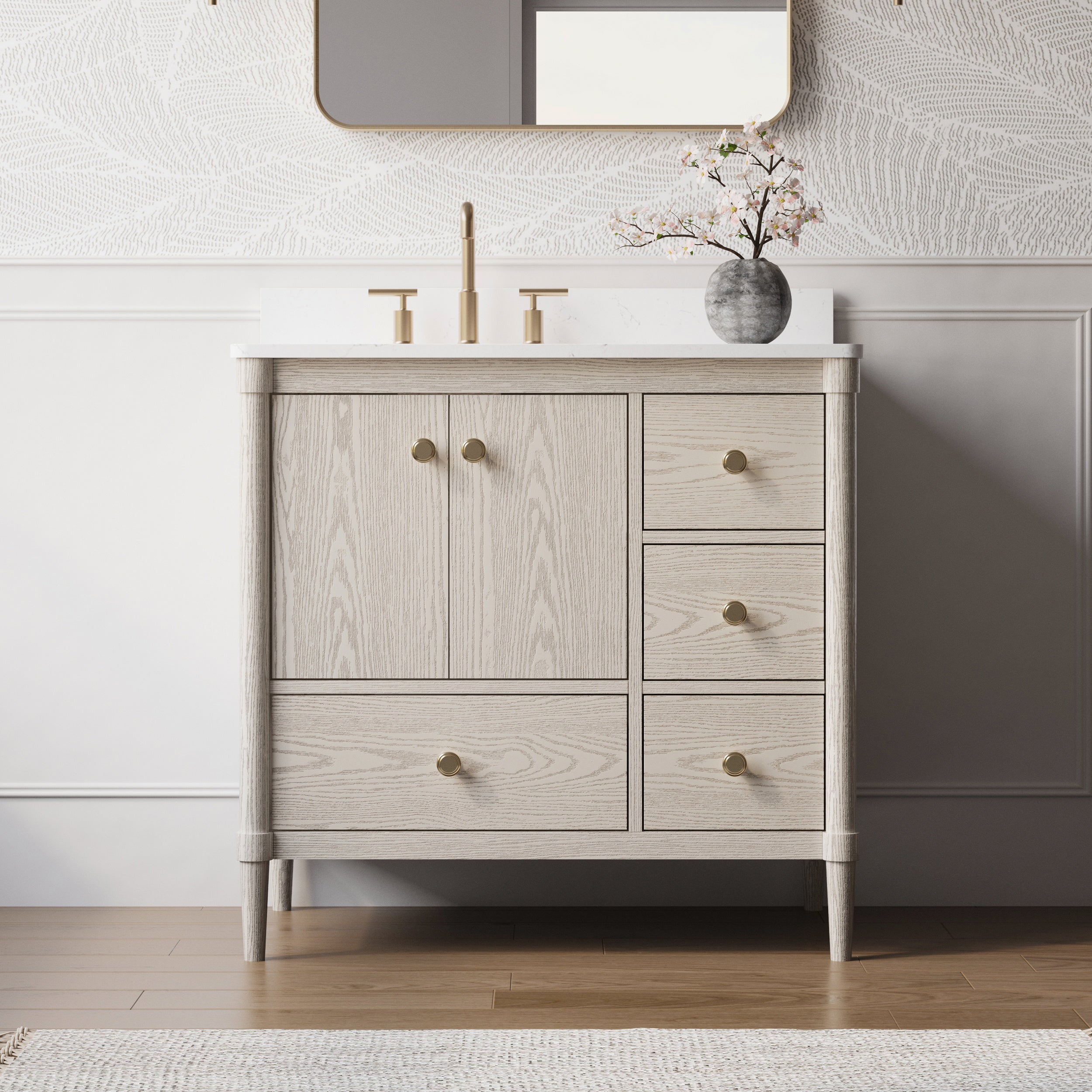 36-Inch Freestanding Oak Bathroom Vanity with Single Carrara White Quartz Top Sink