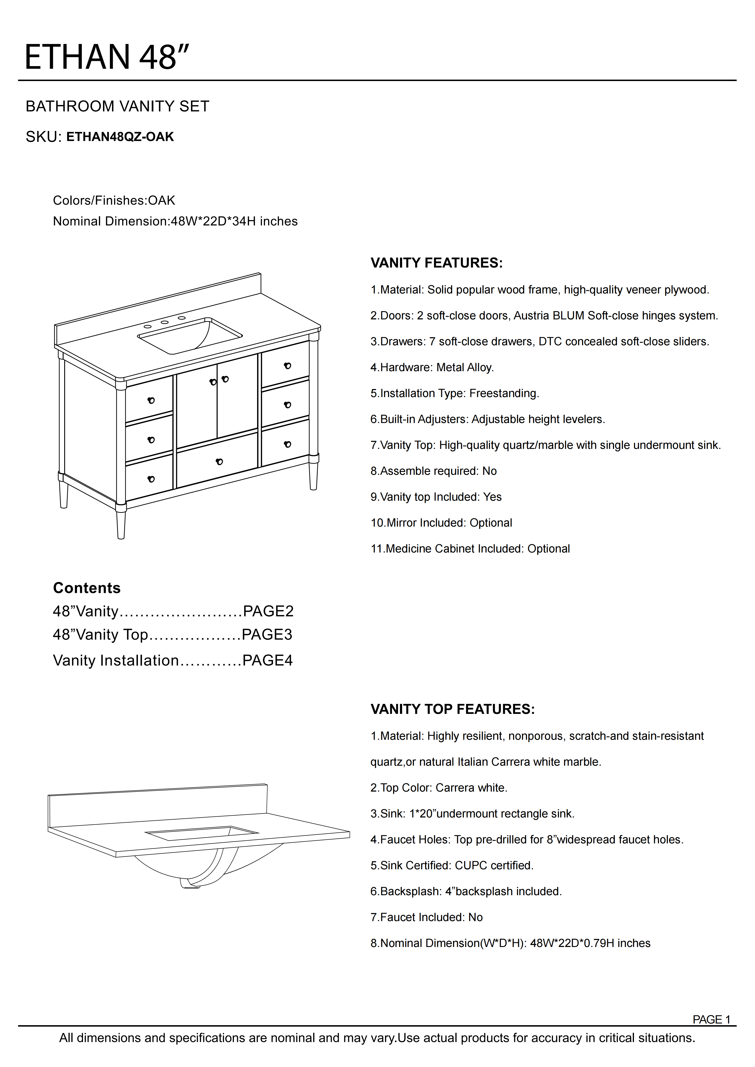 48-Inch Freestanding Oak Bathroom Vanity with Single Carrara White Quartz Top Sink