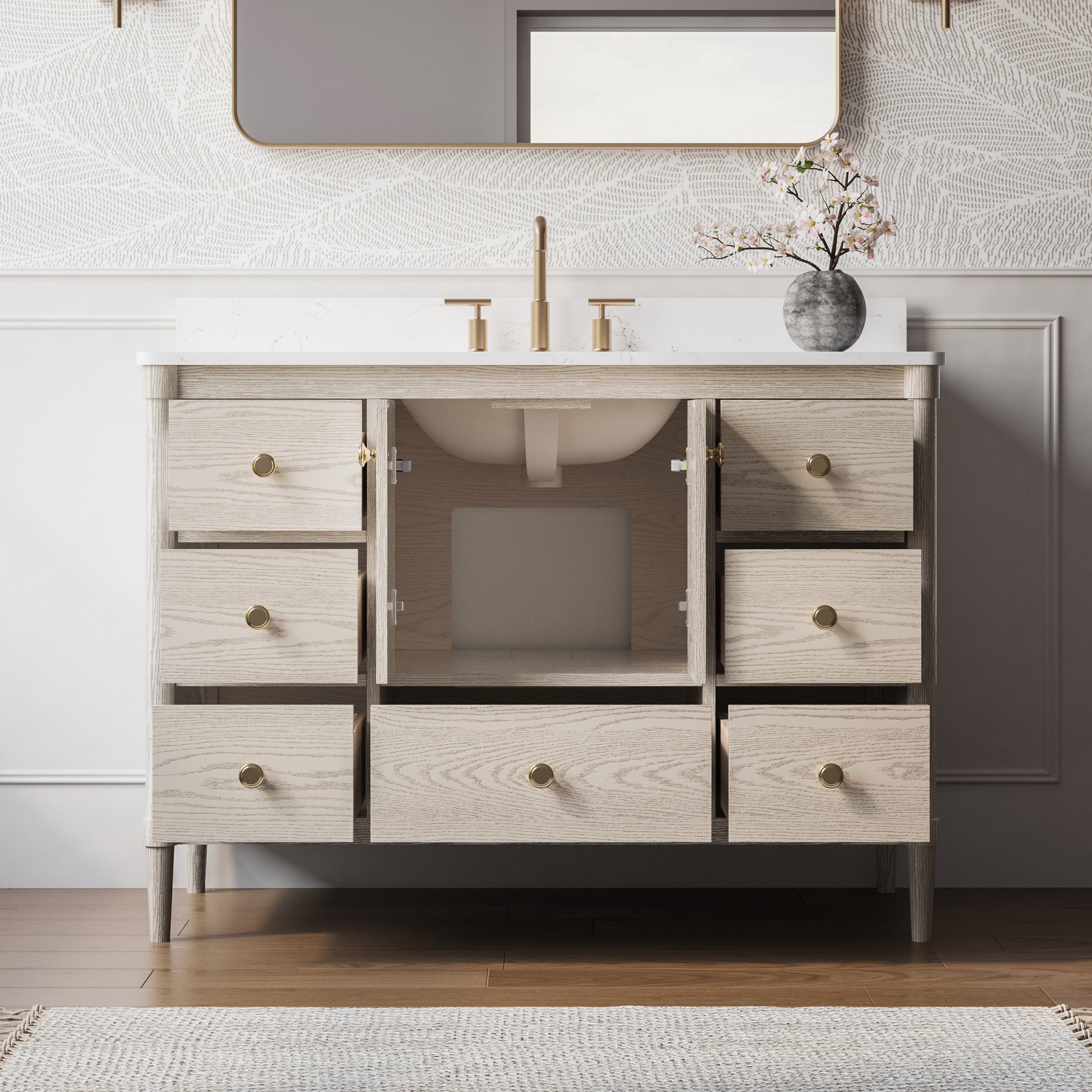 48-Inch Freestanding Oak Bathroom Vanity with Single Carrara White Quartz Top Sink