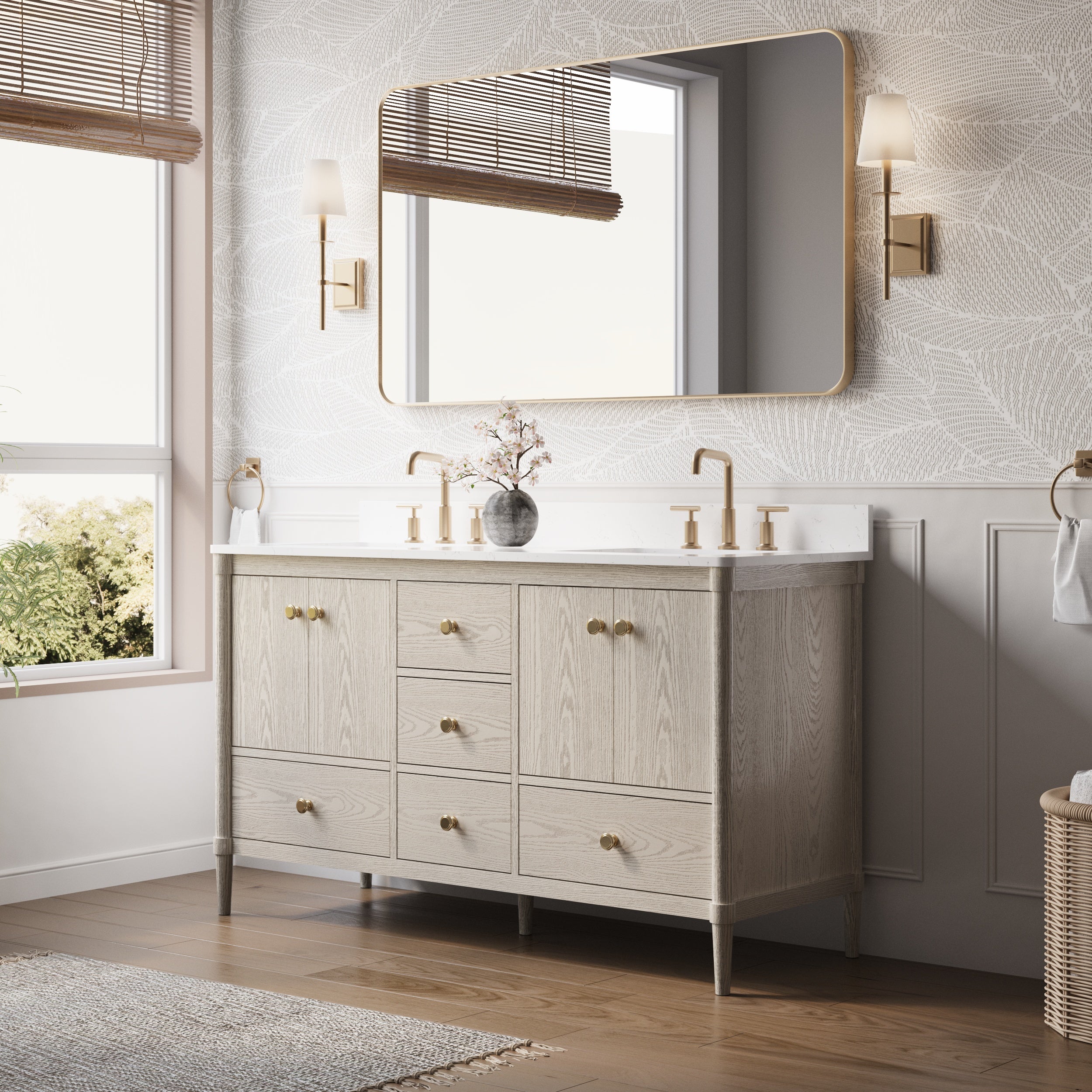 60-Inch Freestanding Oak Bathroom Vanity with Carrara White Quartz Top Double Sinks