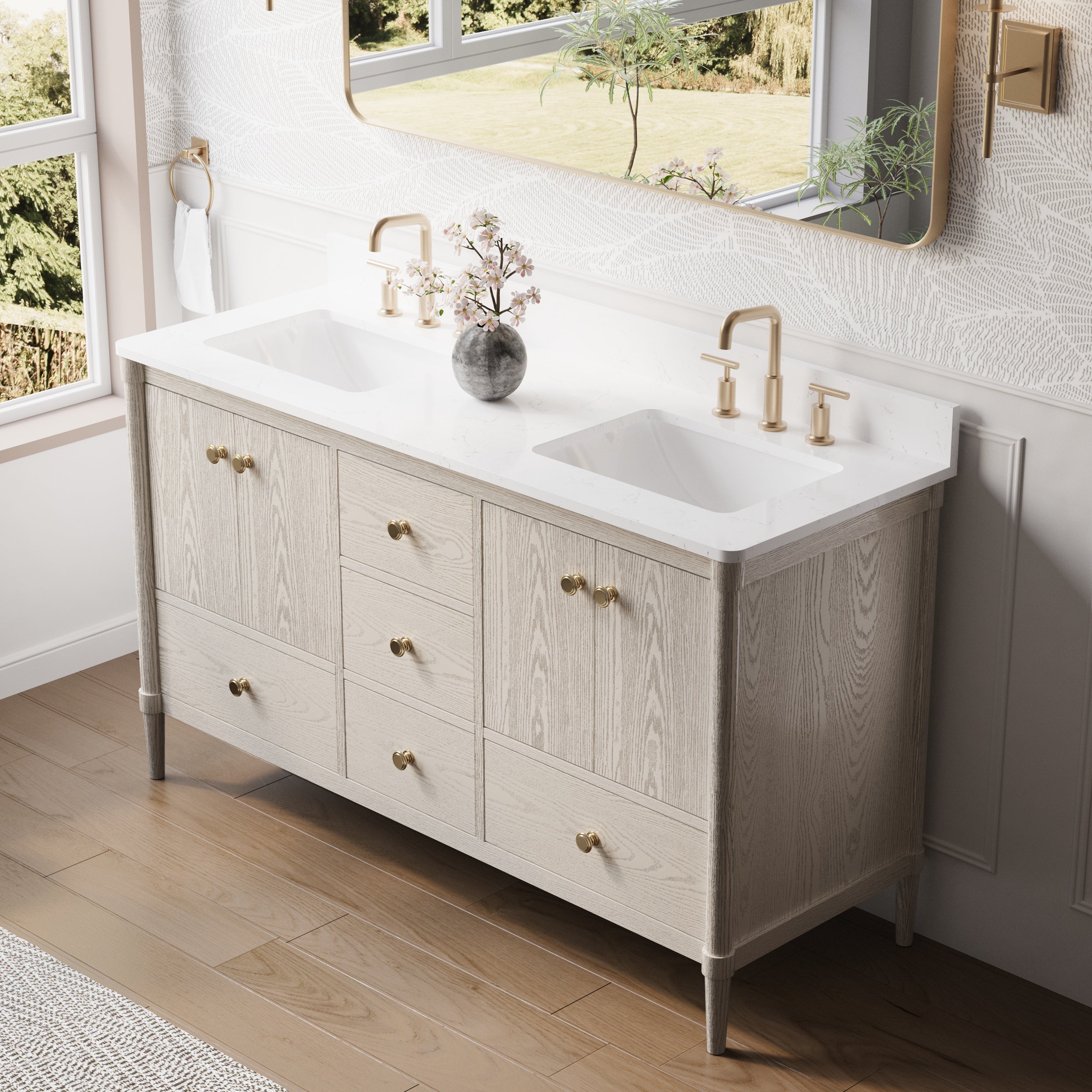 60-Inch Freestanding Oak Bathroom Vanity with Carrara White Quartz Top Double Sinks