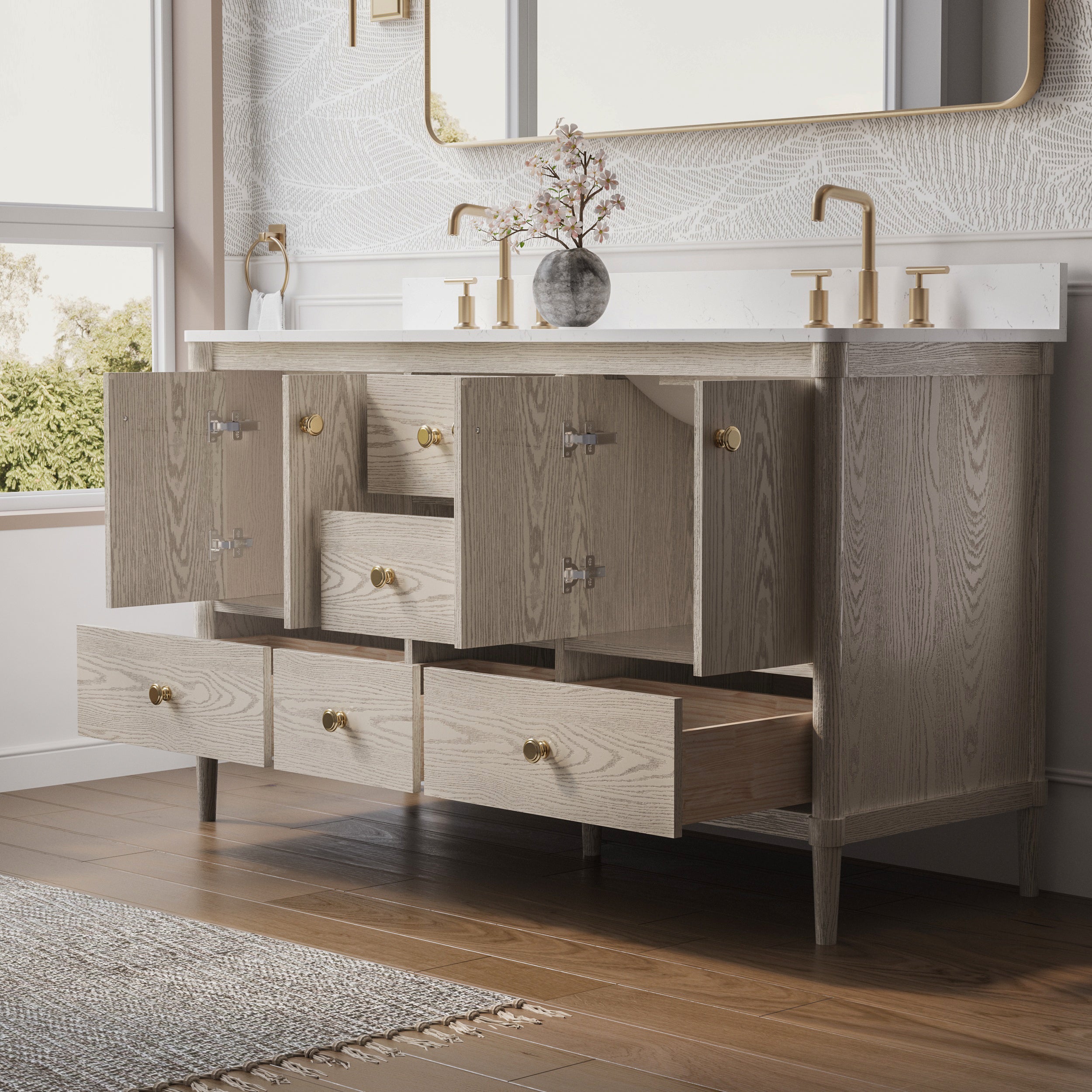60-Inch Freestanding Oak Bathroom Vanity with Carrara White Quartz Top Double Sinks