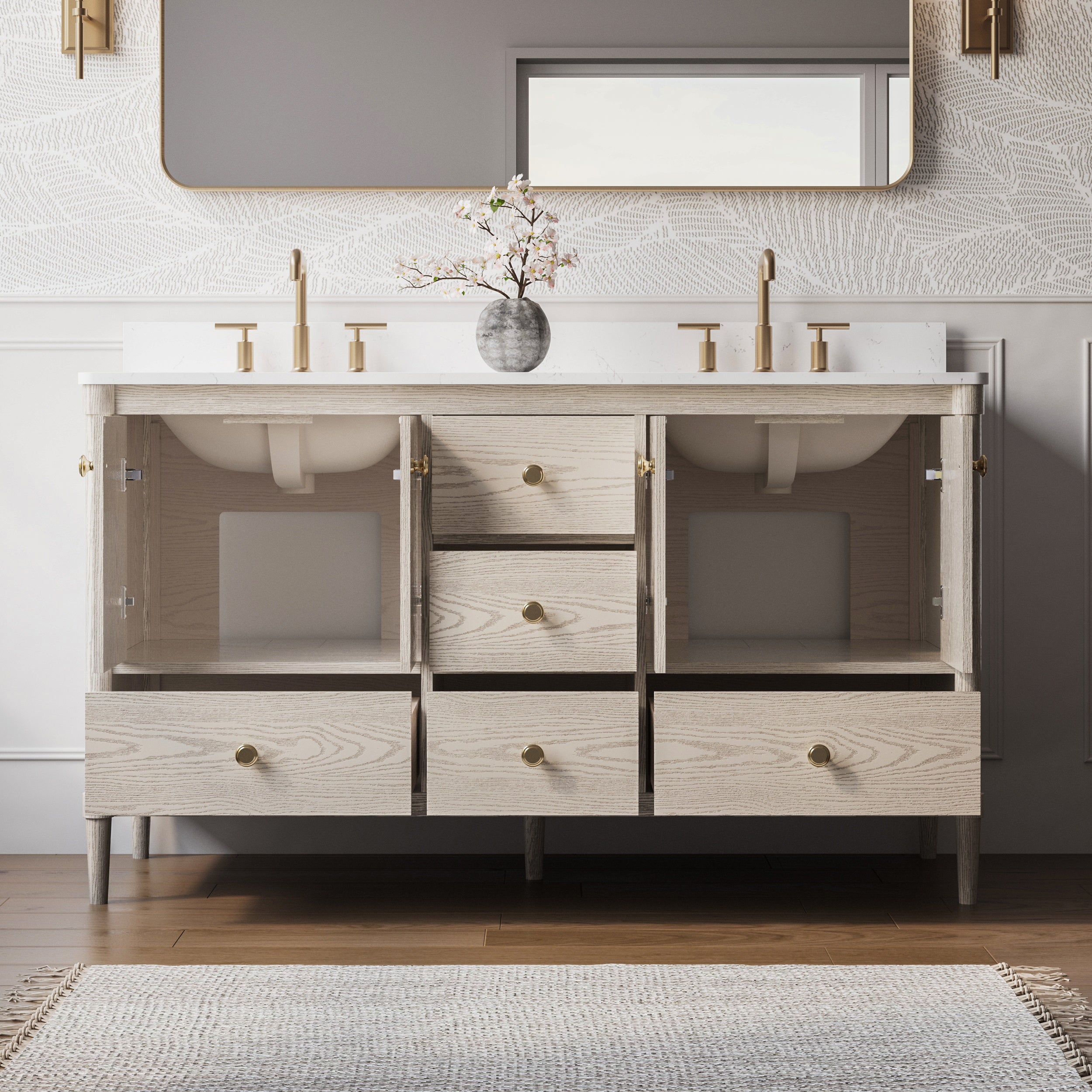 60-Inch Freestanding Oak Bathroom Vanity with Carrara White Quartz Top Double Sinks