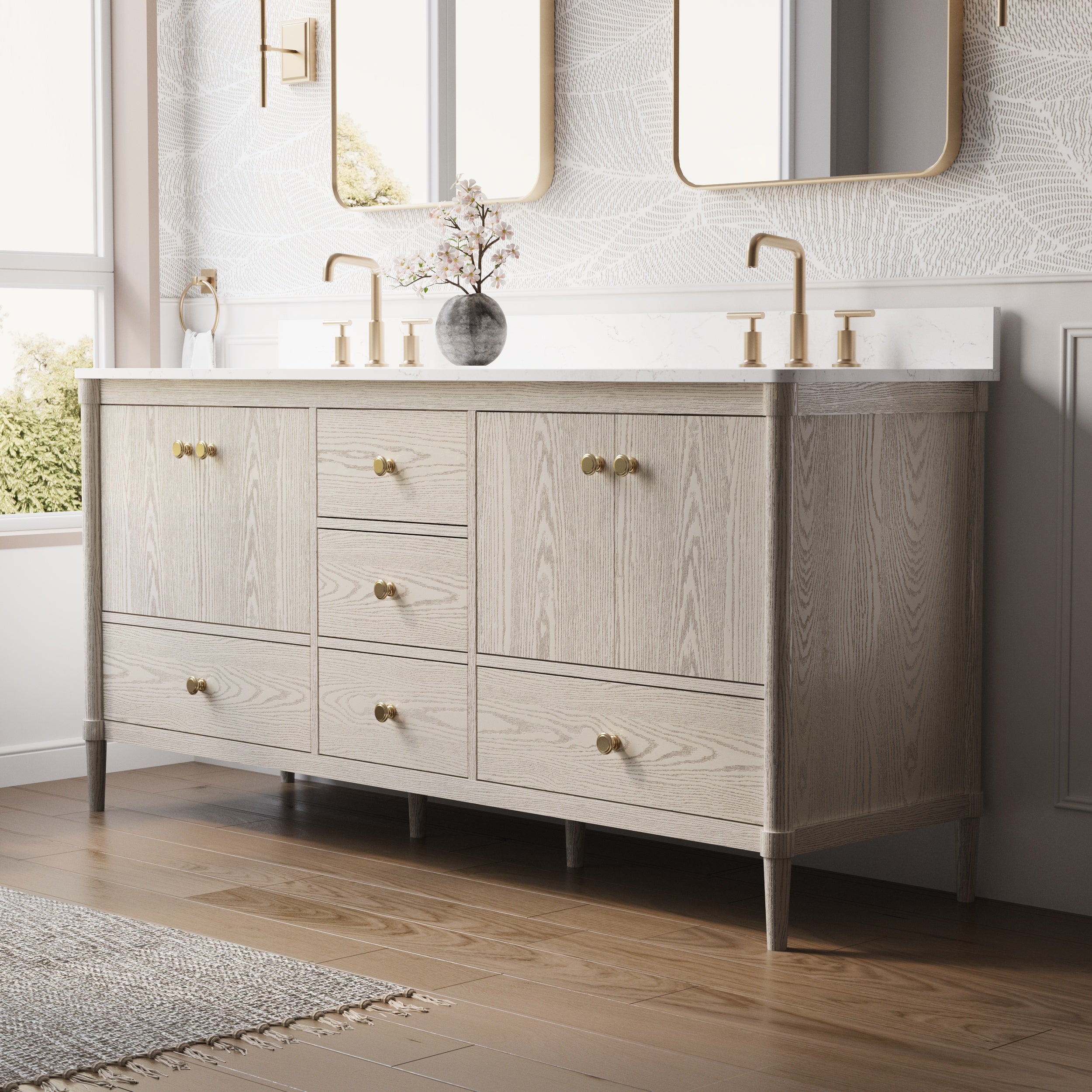 72 Inch Solid Wood Bathroom Vanity with Carrara Quartz Top, 4 Soft-Close Doors & 5 Drawers