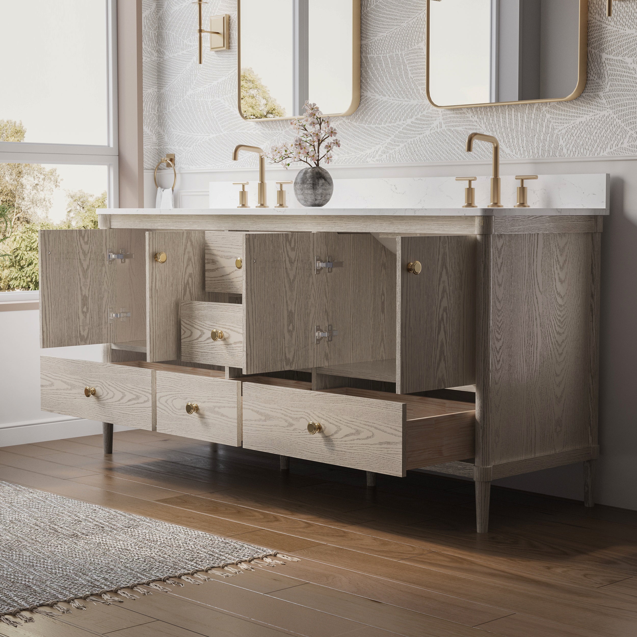 72 Inch Solid Wood Bathroom Vanity with Carrara Quartz Top, 4 Soft-Close Doors & 5 Drawers
