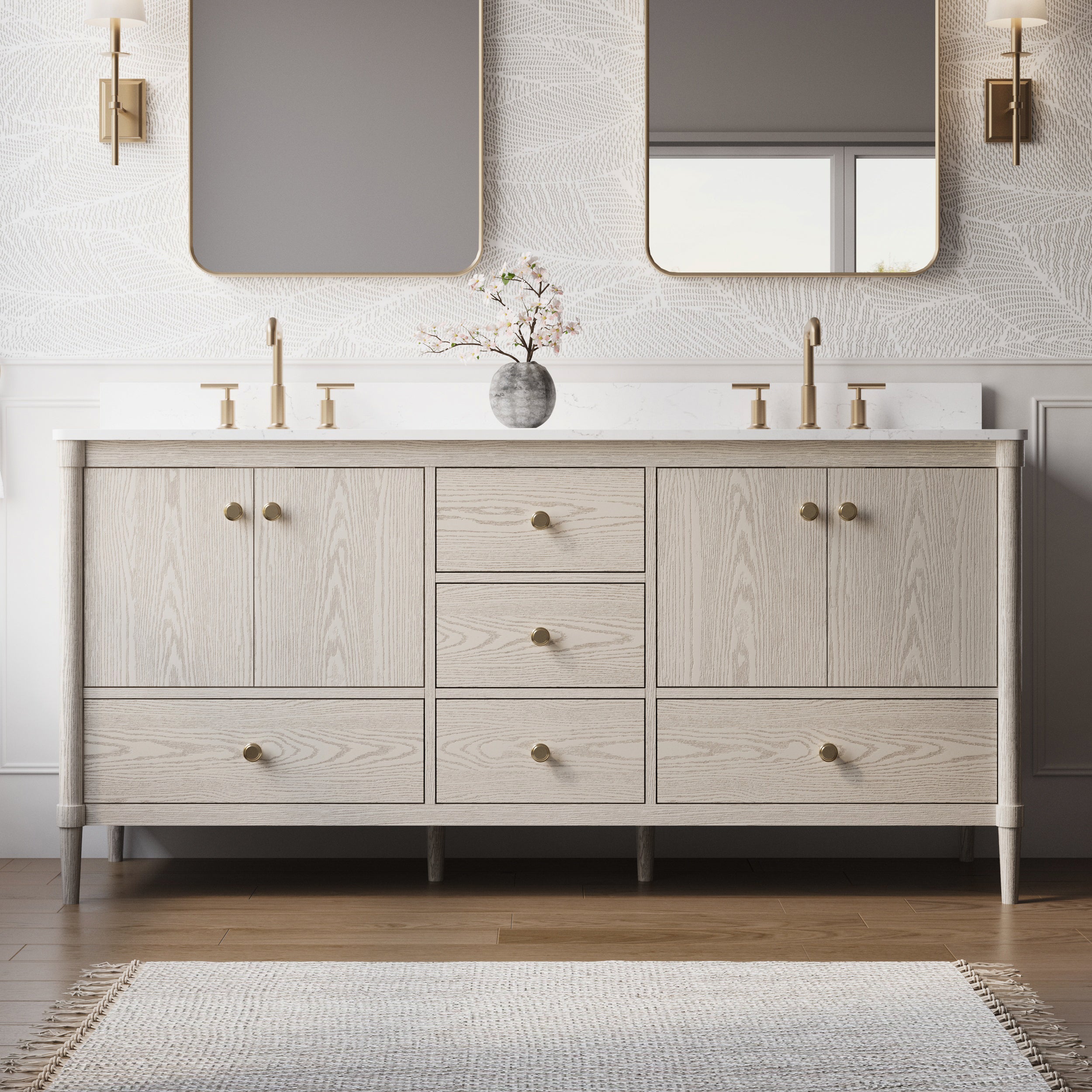 72 Inch Solid Wood Bathroom Vanity with Carrara Quartz Top, 4 Soft-Close Doors & 5 Drawers