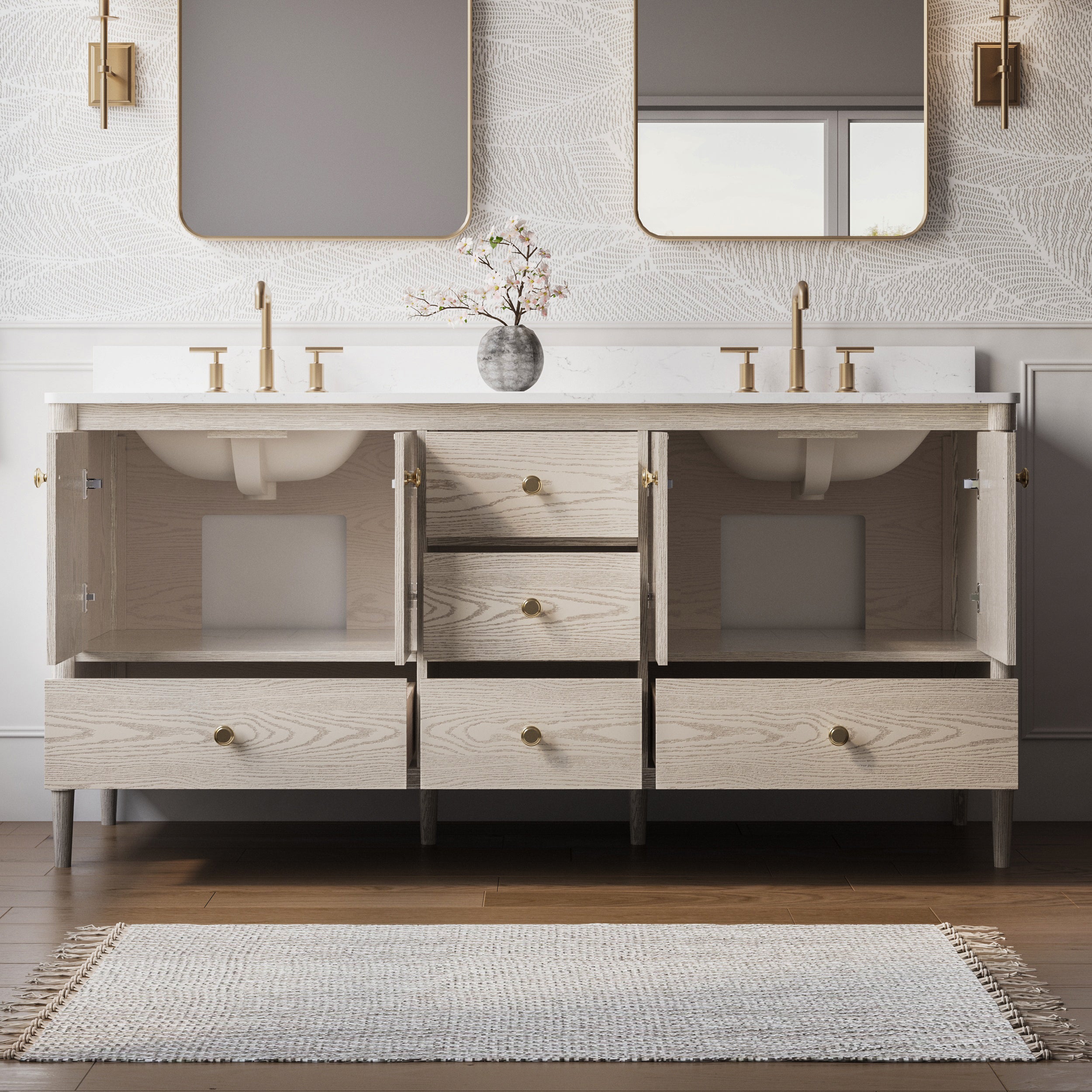 72 Inch Solid Wood Bathroom Vanity with Carrara Quartz Top, 4 Soft-Close Doors & 5 Drawers