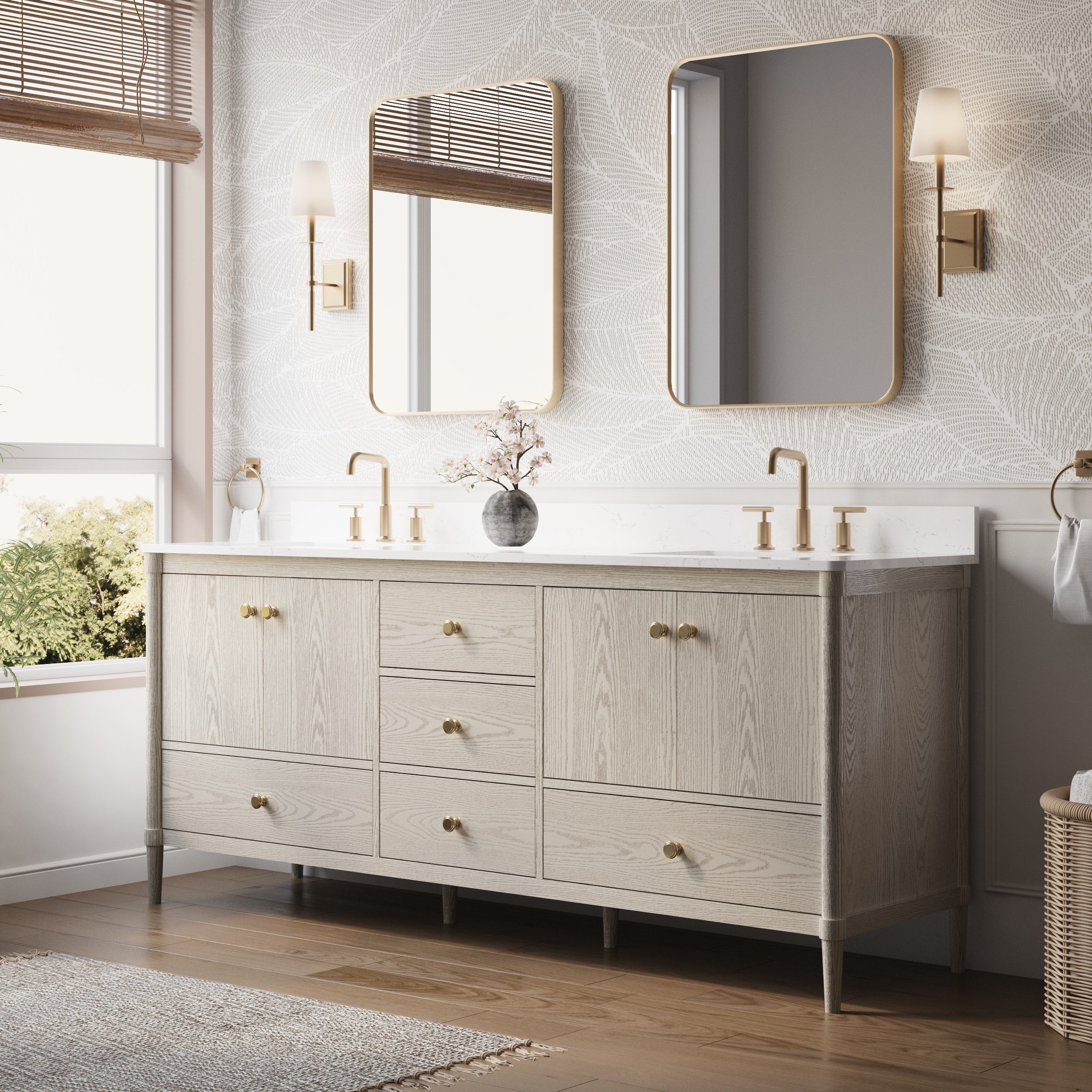 80 Inch Solid Wood Bathroom Vanity with Carrara Quartz Top, 4 Soft-Close Doors & 5 Drawers