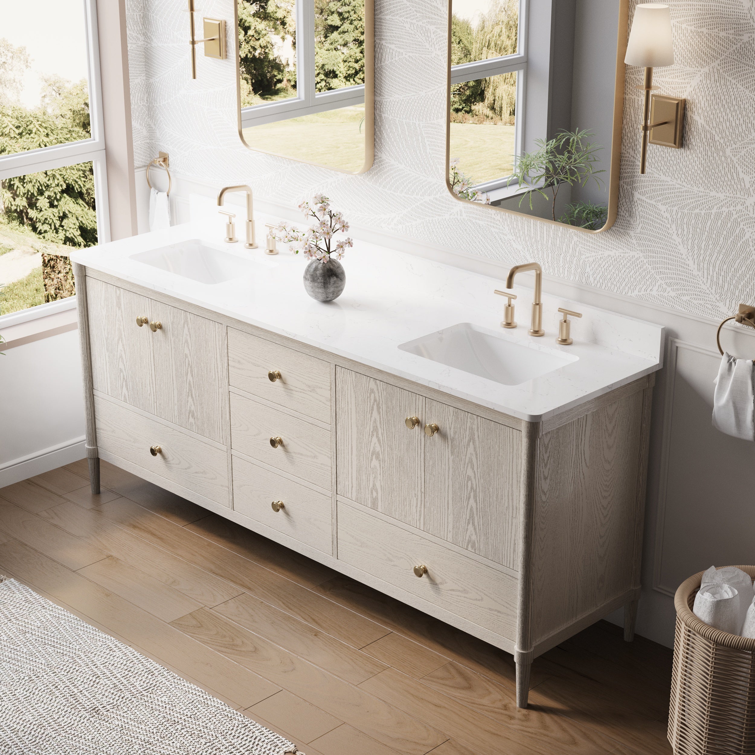 80 Inch Solid Wood Bathroom Vanity with Carrara Quartz Top, 4 Soft-Close Doors & 5 Drawers