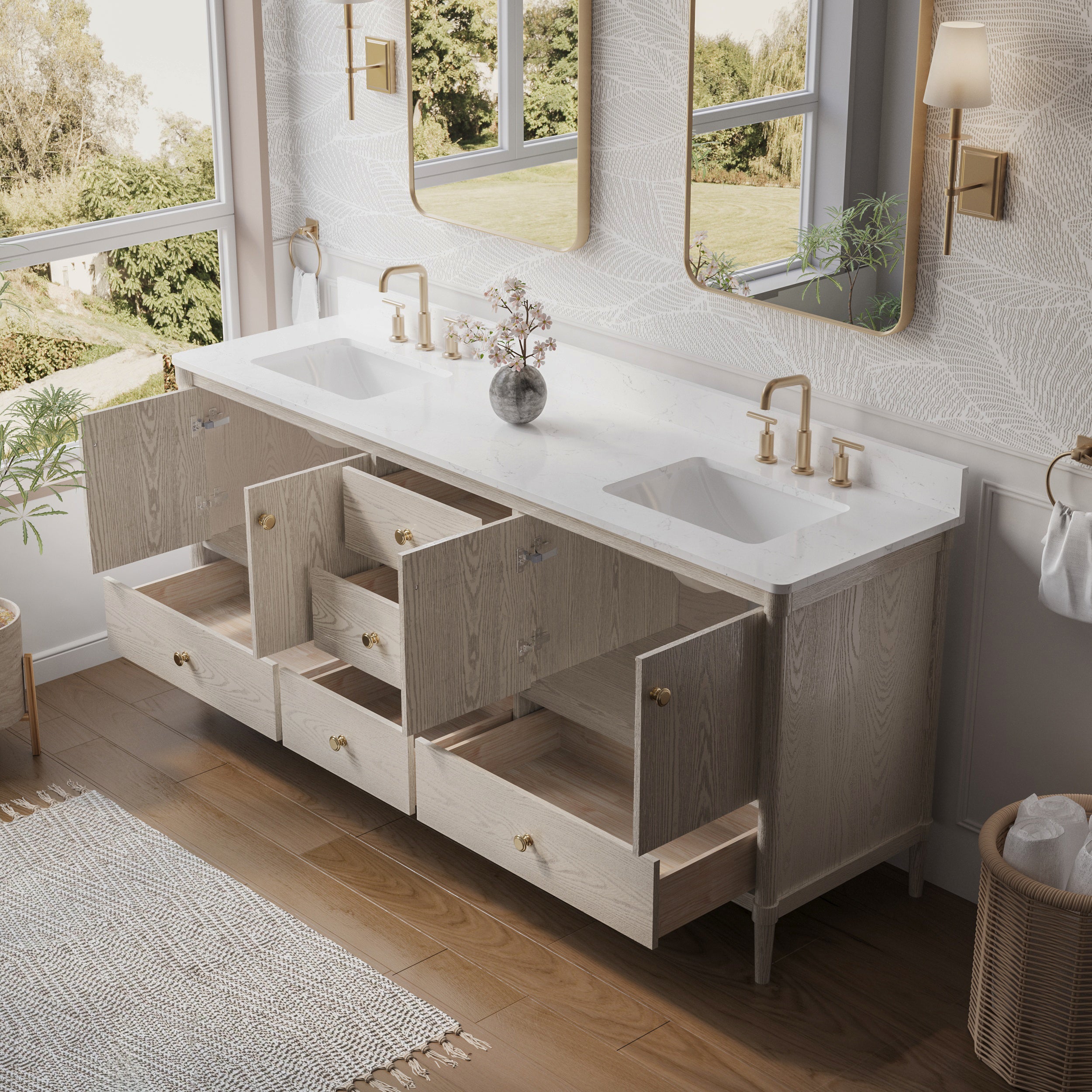 80 Inch Solid Wood Bathroom Vanity with Carrara Quartz Top, 4 Soft-Close Doors & 5 Drawers