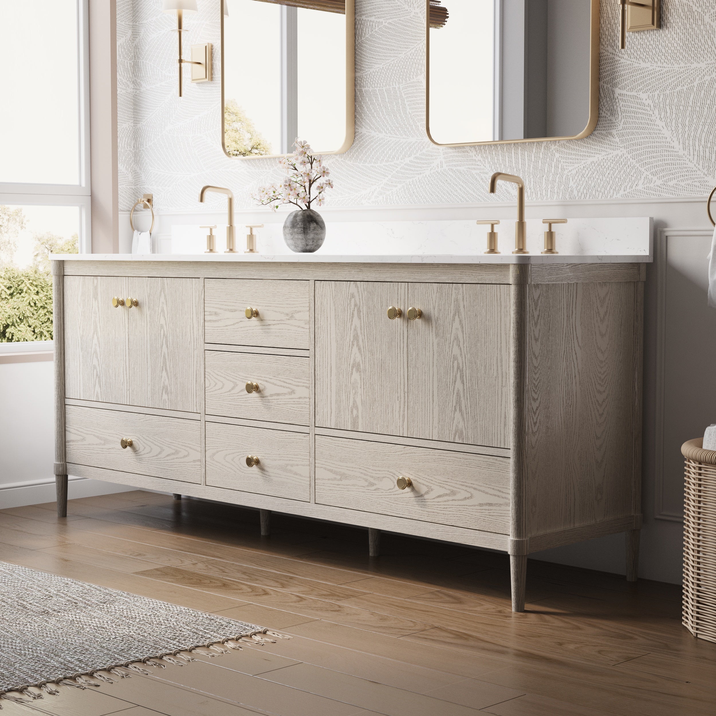 80 Inch Solid Wood Bathroom Vanity with Carrara Quartz Top, 4 Soft-Close Doors & 5 Drawers