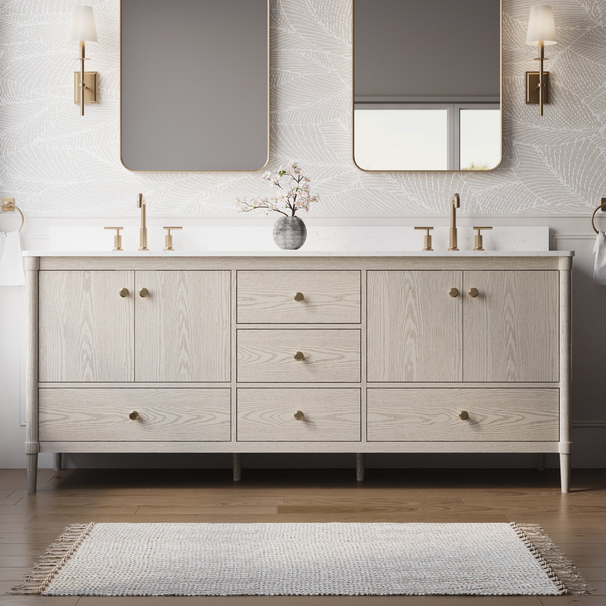 80 Inch Solid Wood Bathroom Vanity with Carrara Quartz Top, 4 Soft-Close Doors & 5 Drawers