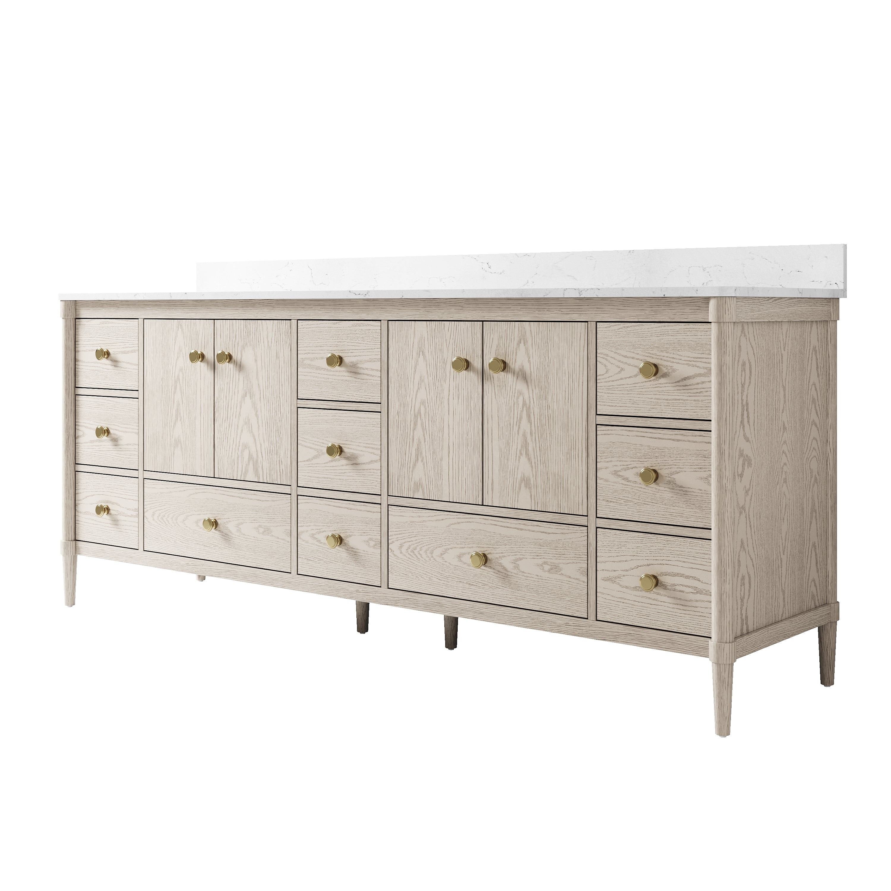 84 Inch Solid Wood Bathroom Vanity with Carrara Quartz Top, 4 Soft-Close Doors & 11 Drawers