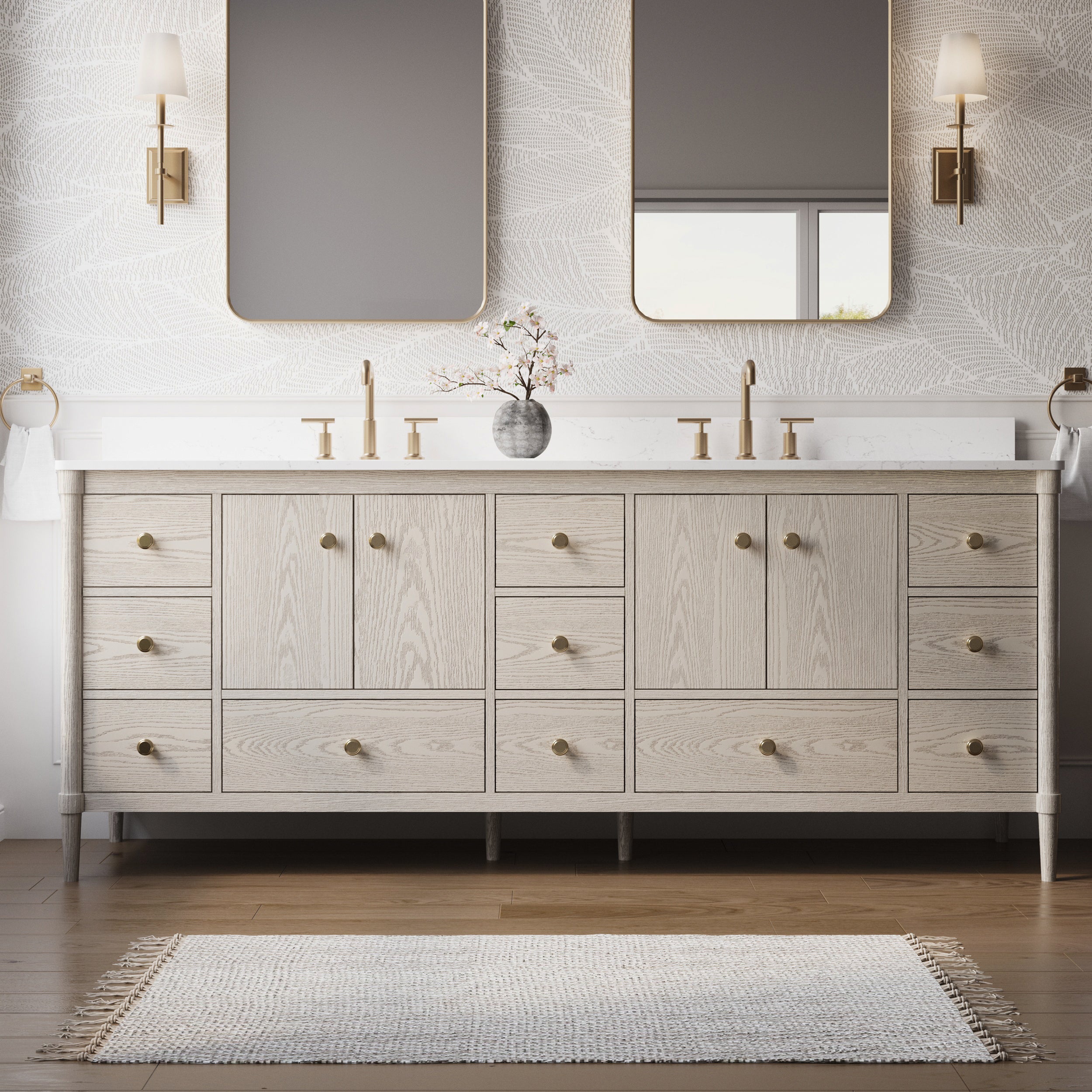 84 Inch Solid Wood Bathroom Vanity with Carrara Quartz Top, 4 Soft-Close Doors & 11 Drawers