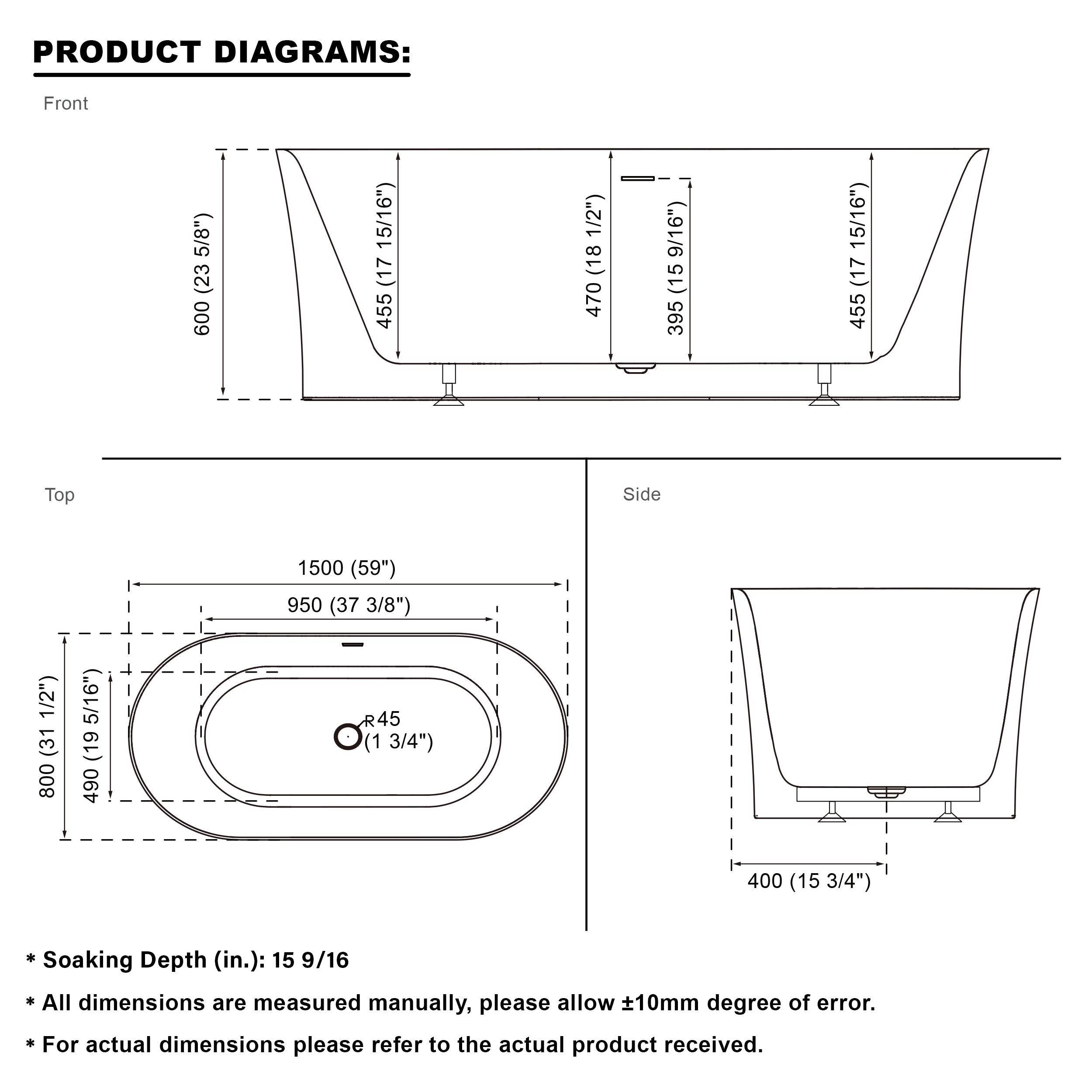 59" Acrylic Freestanding Soaking Bathtub in White with Overflow and Drain