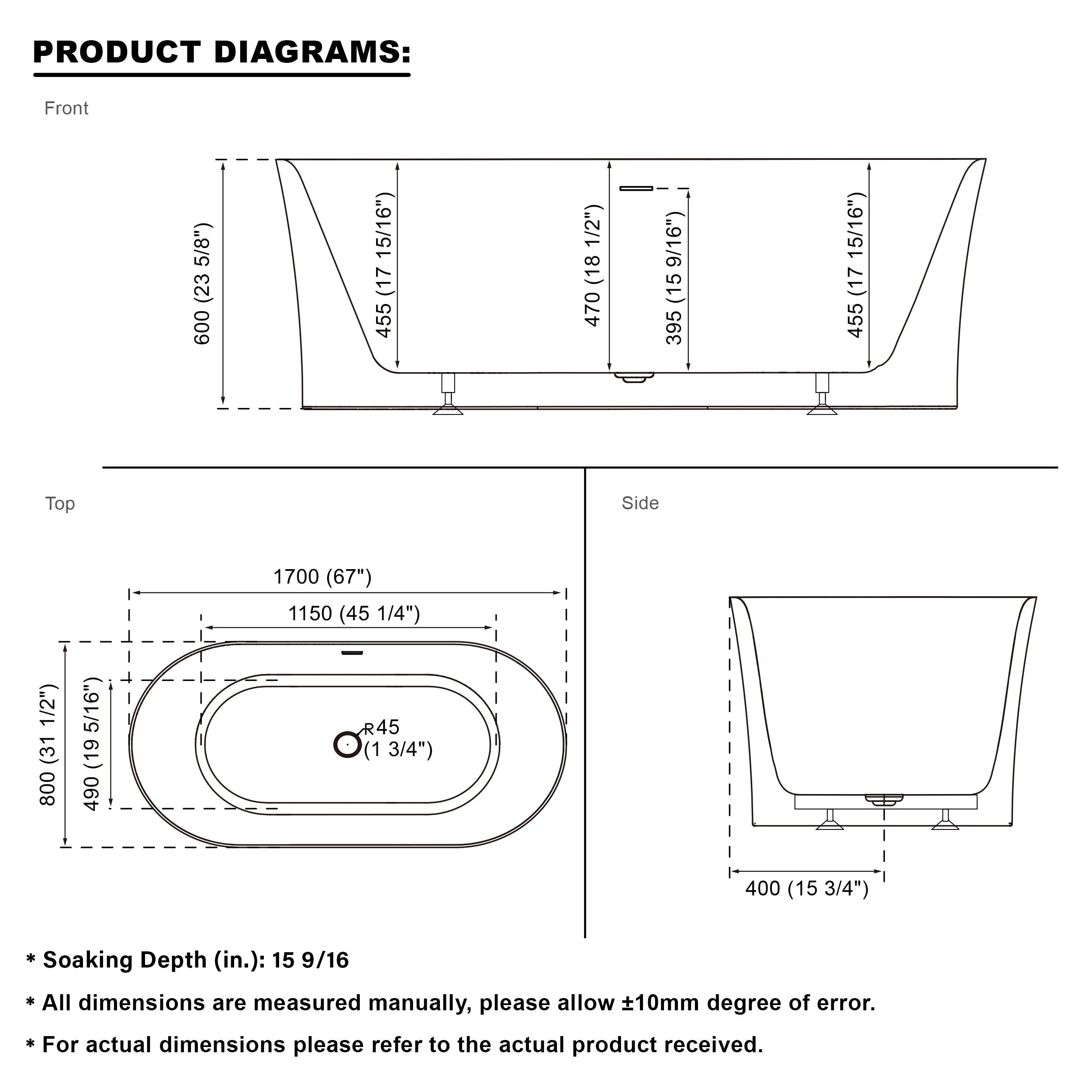 67" Acrylic Freestanding Soaking Bathtub in White with Overflow and Drain