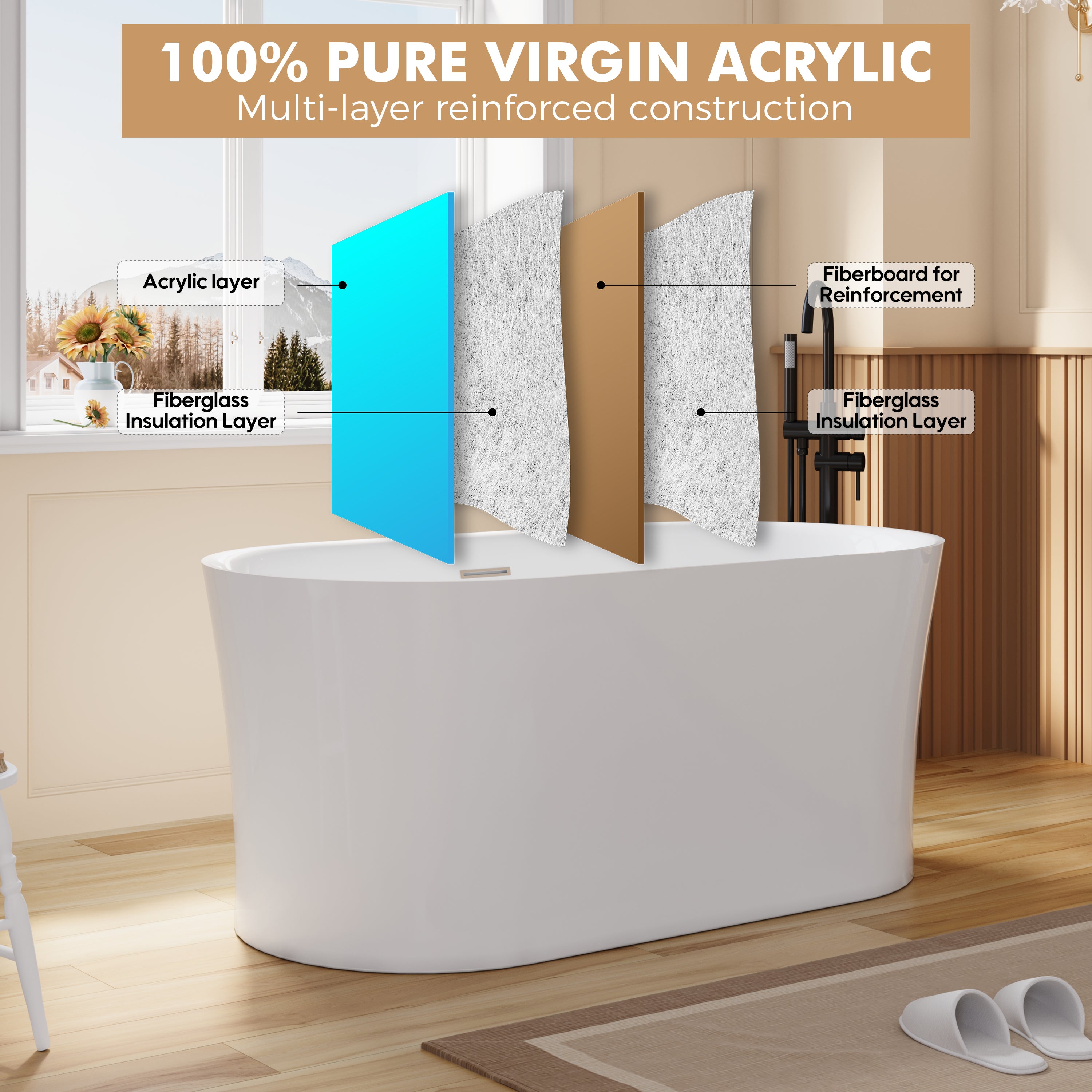 59" Acrylic Freestanding Soaking Bathtub in White with Overflow and Drain
