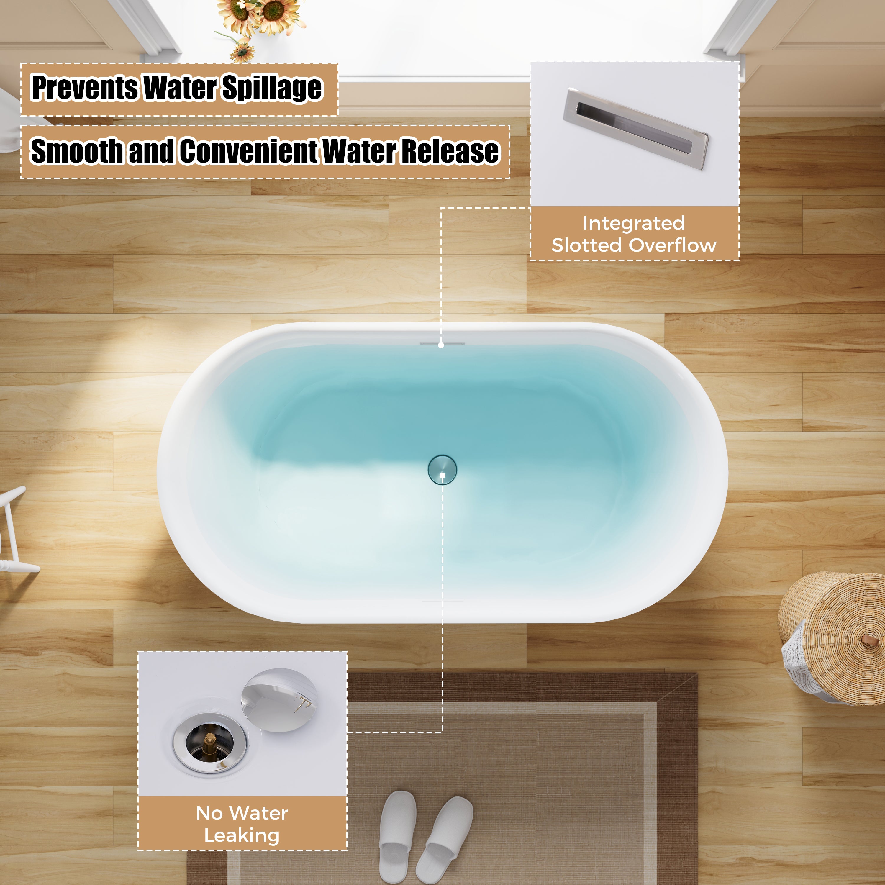 59" Acrylic Freestanding Soaking Bathtub in White with Overflow and Drain