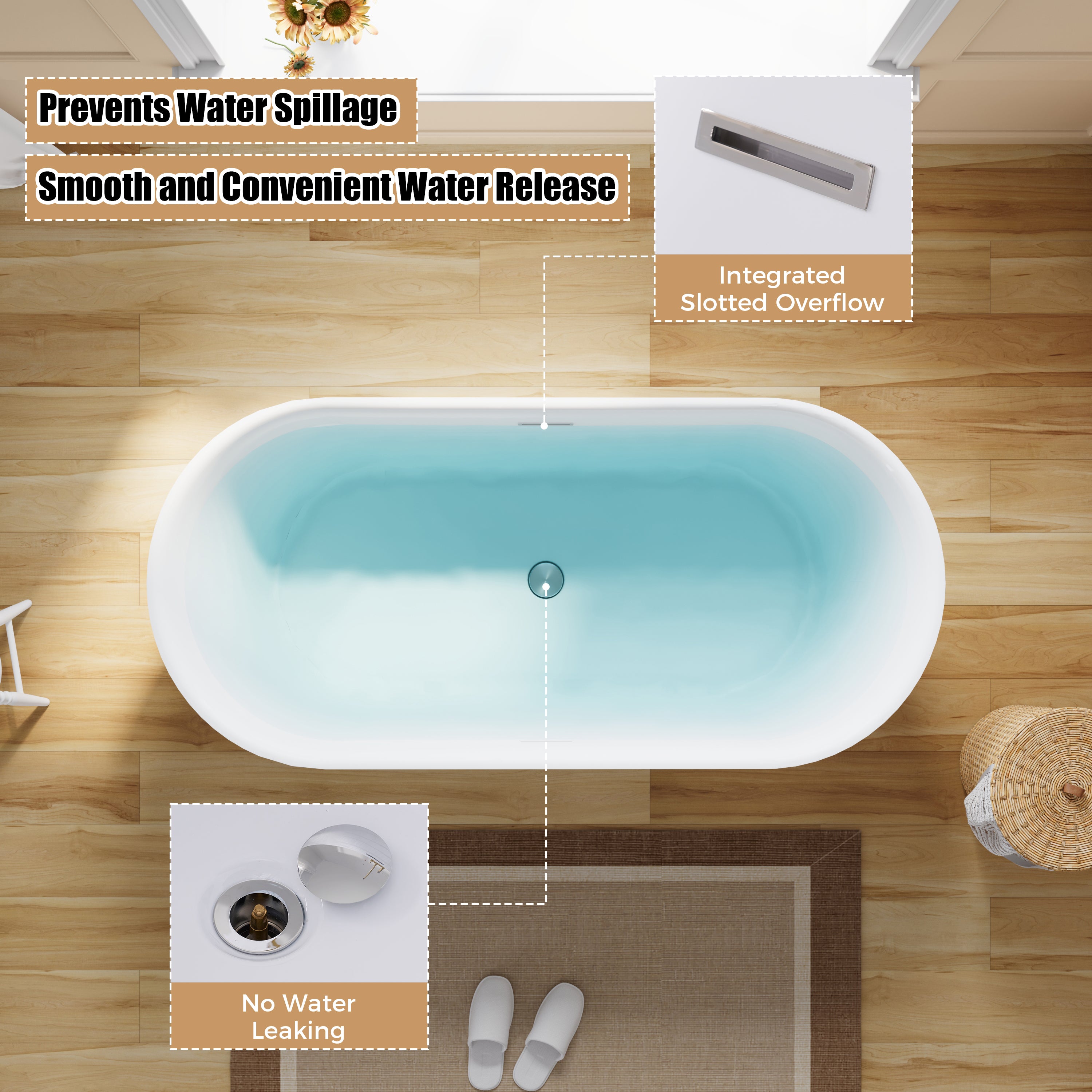 67" Acrylic Freestanding Soaking Bathtub in White with Overflow and Drain