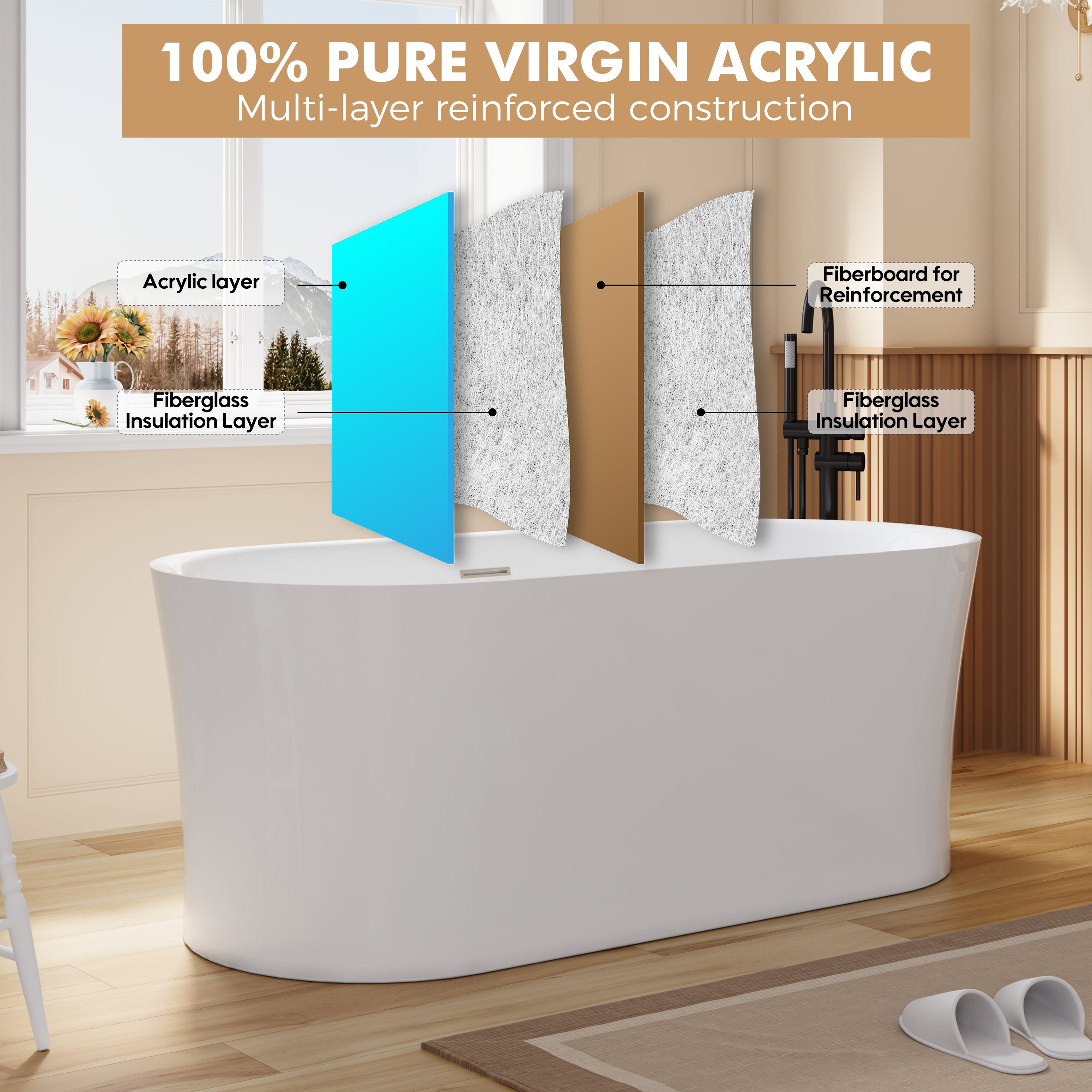 67" Acrylic Freestanding Soaking Bathtub in White with Overflow and Drain