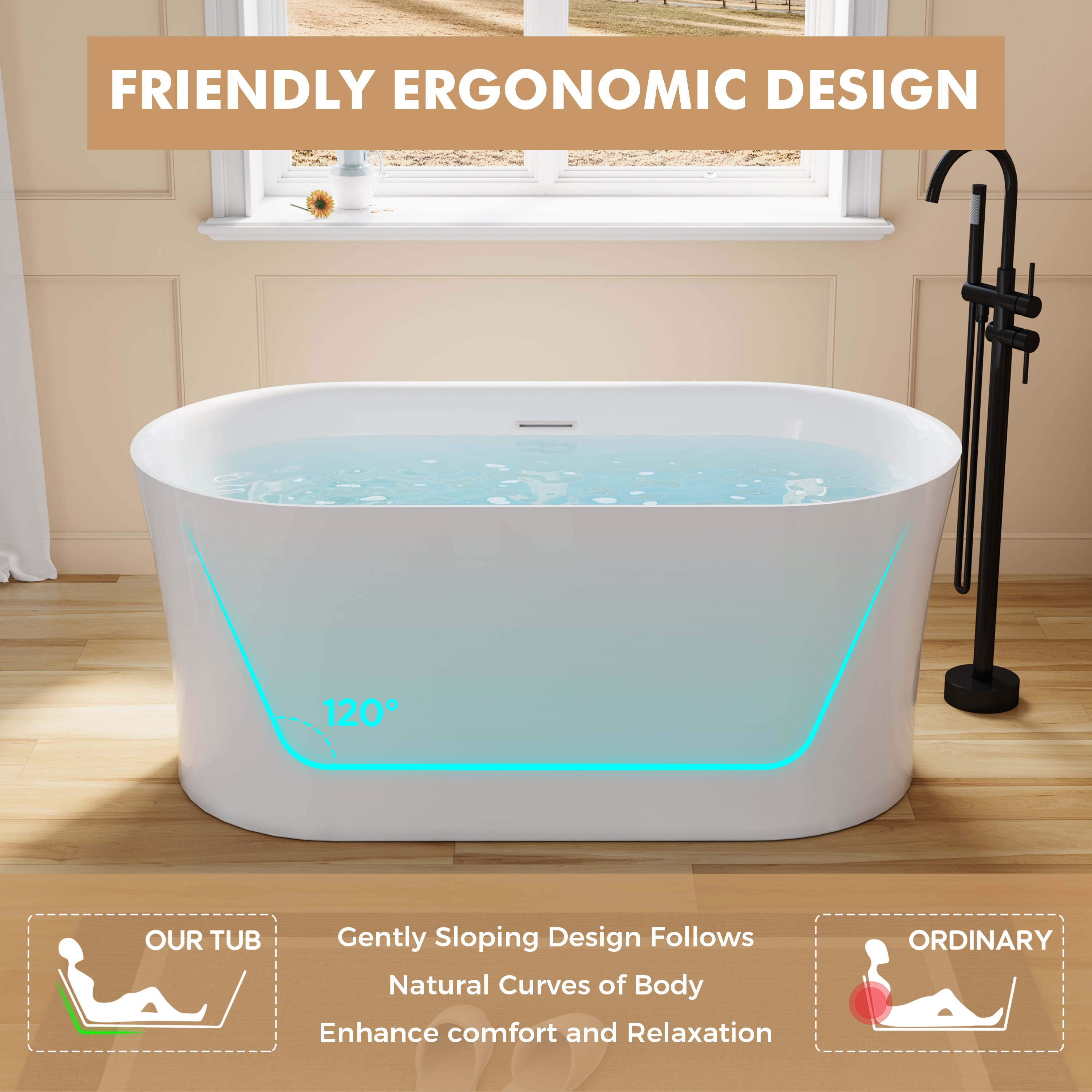 59" Acrylic Freestanding Soaking Bathtub in White with Overflow and Drain