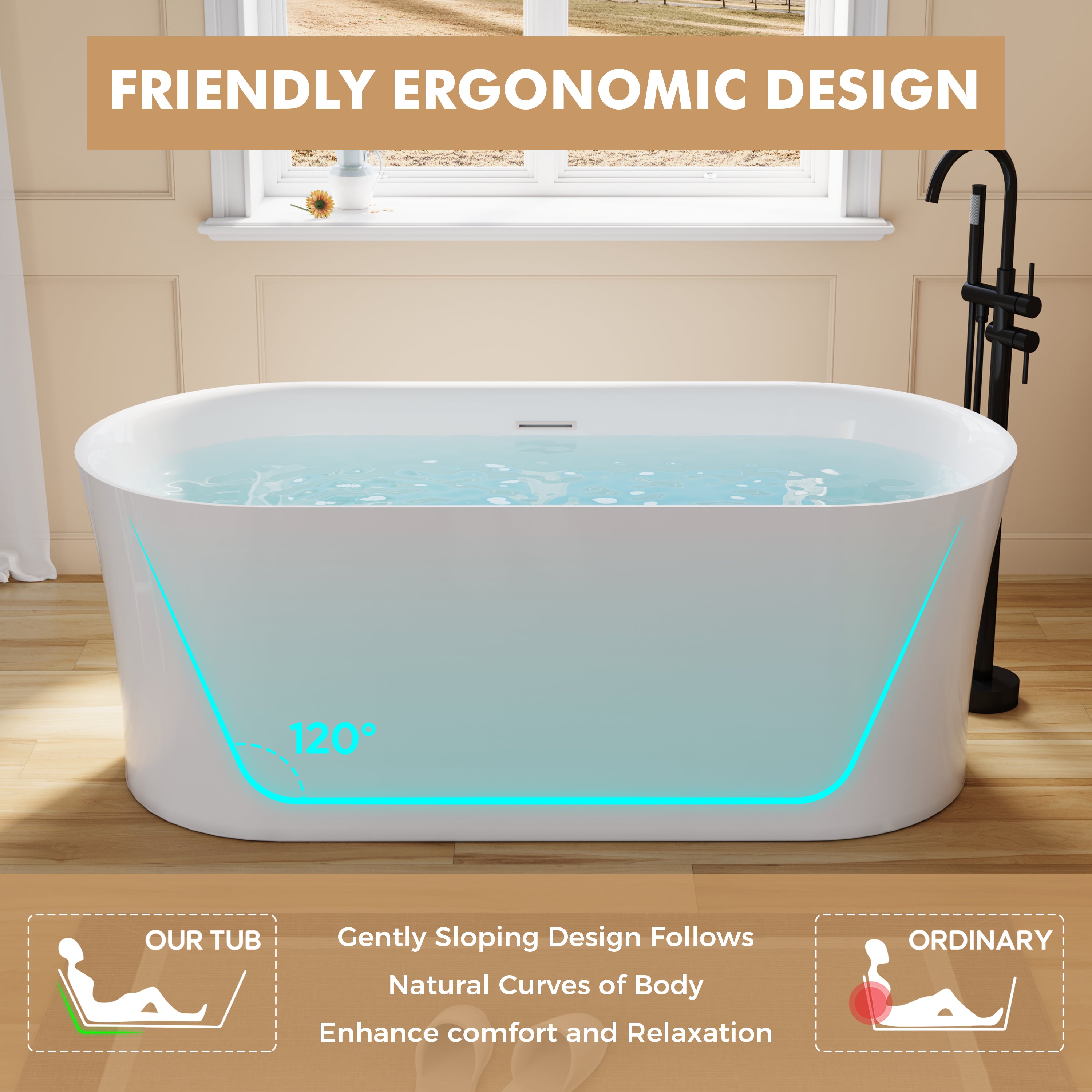 67" Acrylic Freestanding Soaking Bathtub in White with Overflow and Drain
