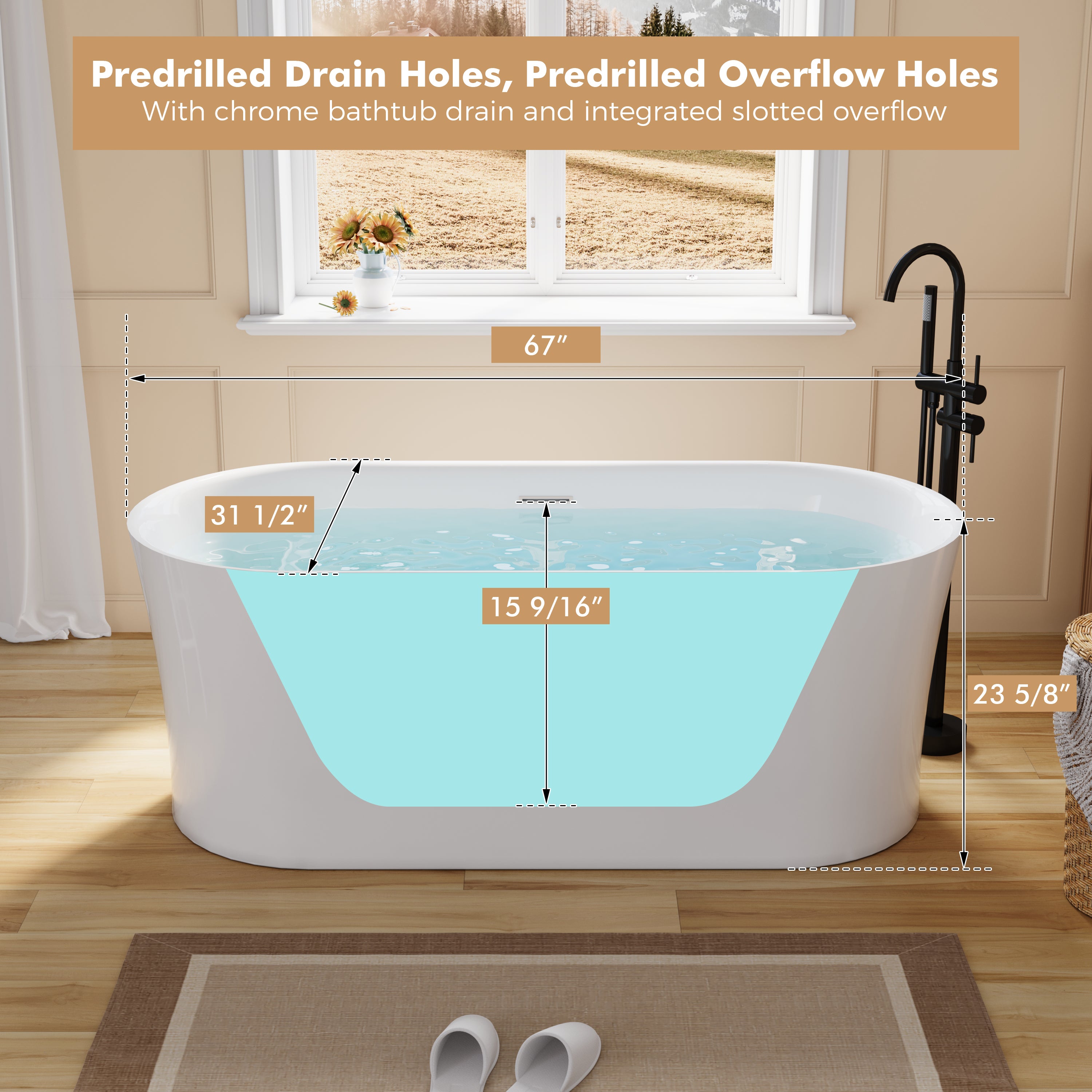 67" Acrylic Freestanding Soaking Bathtub in White with Overflow and Drain