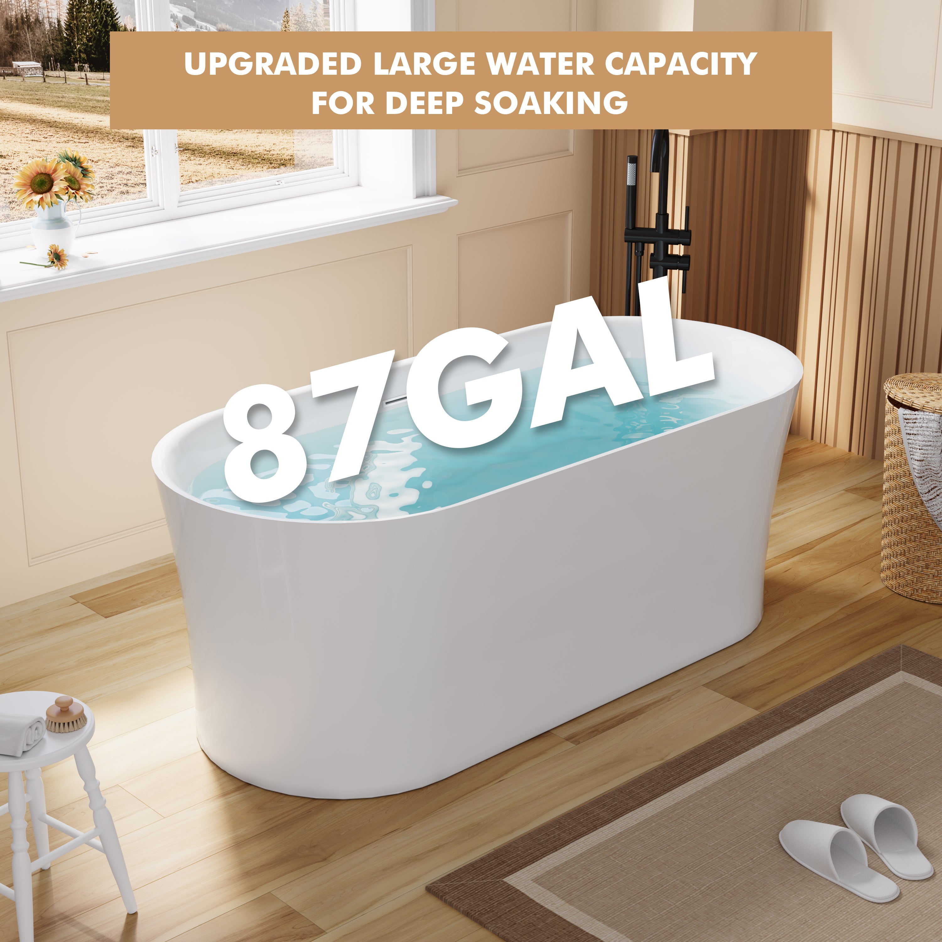 67" Acrylic Freestanding Soaking Bathtub in White with Overflow and Drain