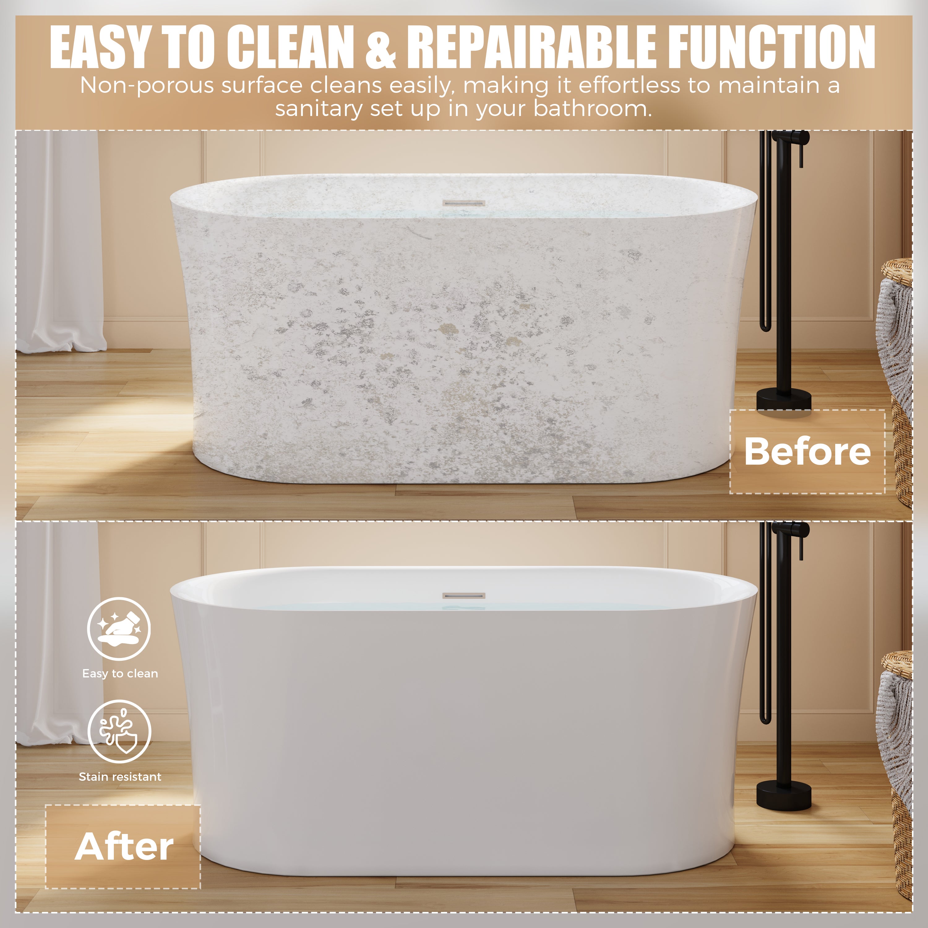 59" Acrylic Freestanding Soaking Bathtub in White with Overflow and Drain