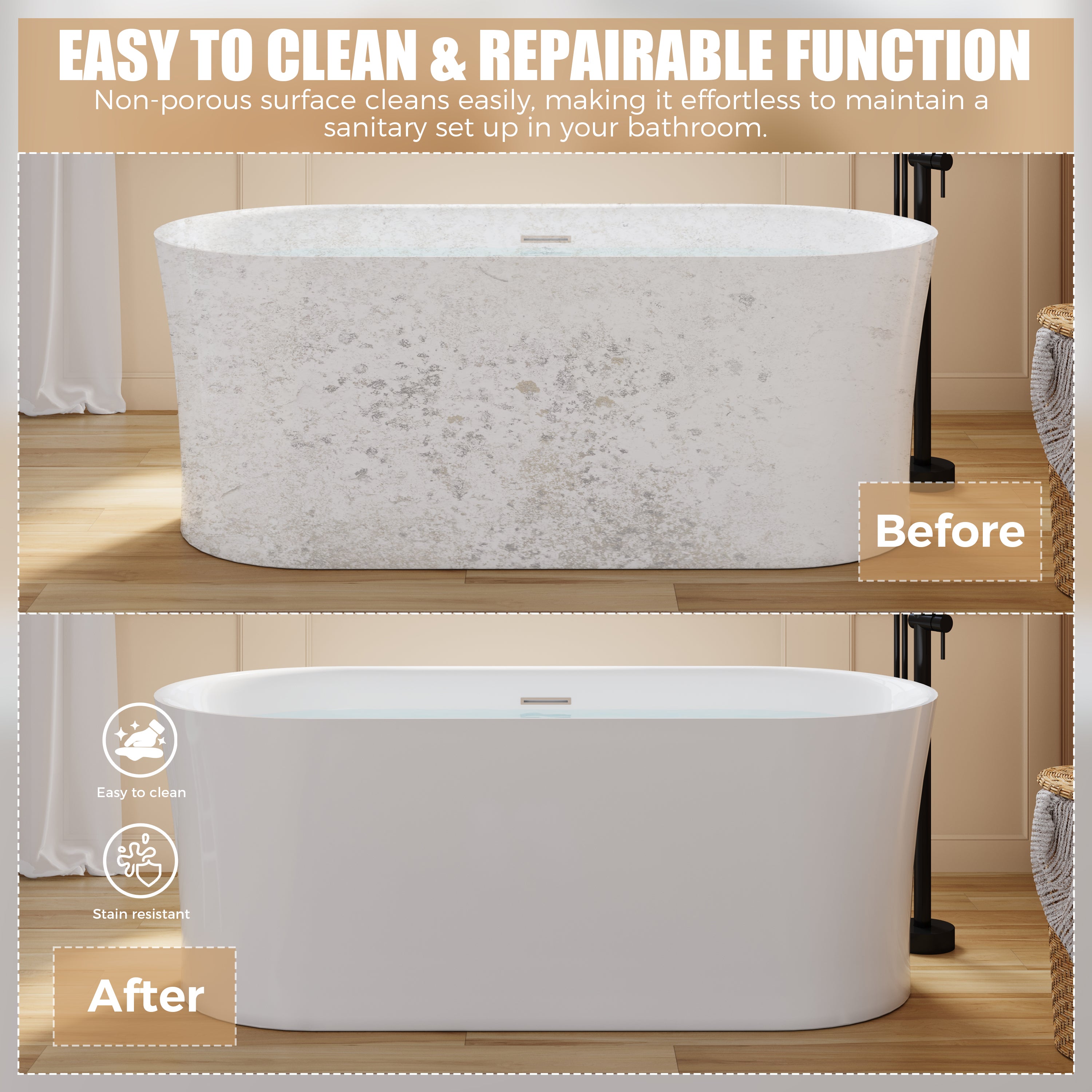 67" Acrylic Freestanding Soaking Bathtub in White with Overflow and Drain