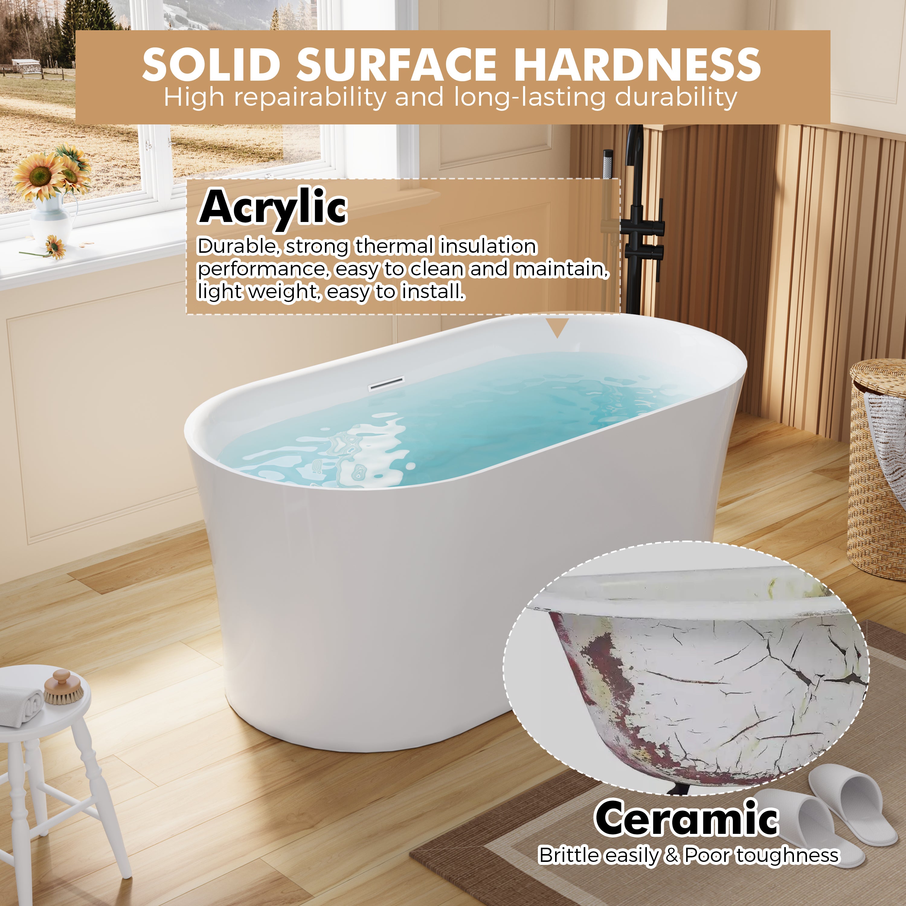 59" Acrylic Freestanding Soaking Bathtub in White with Overflow and Drain