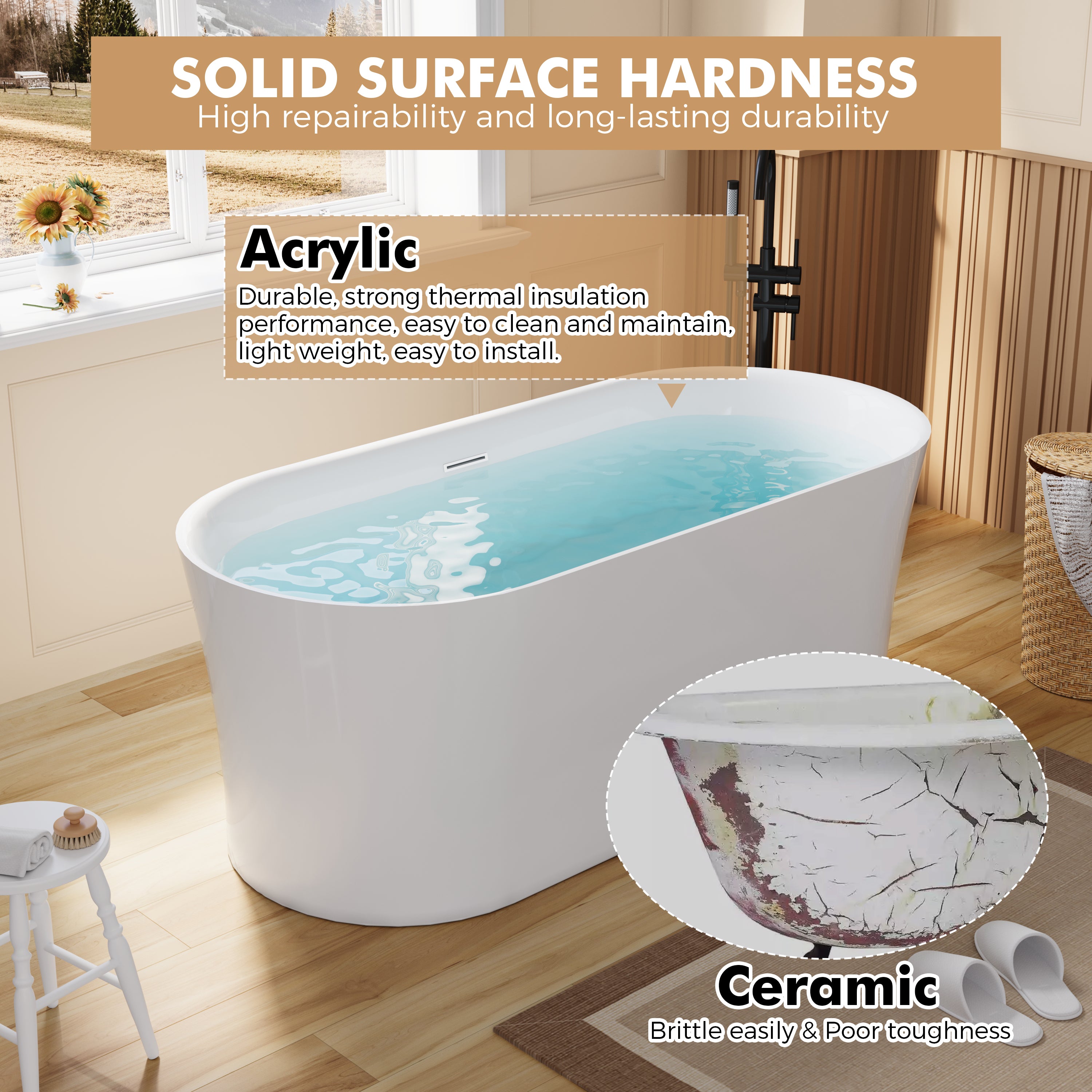 67" Acrylic Freestanding Soaking Bathtub in White with Overflow and Drain