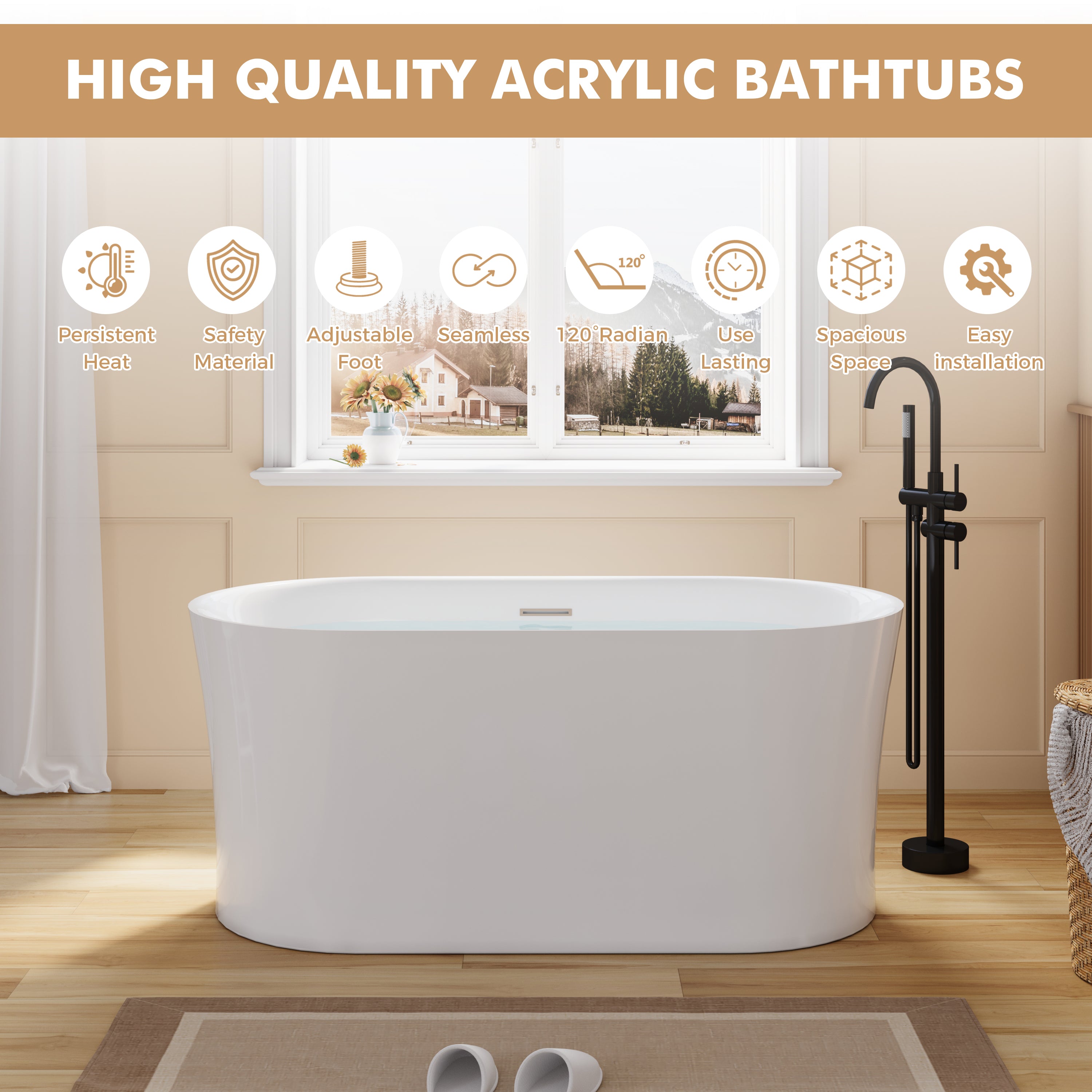 59" Acrylic Freestanding Soaking Bathtub in White with Overflow and Drain
