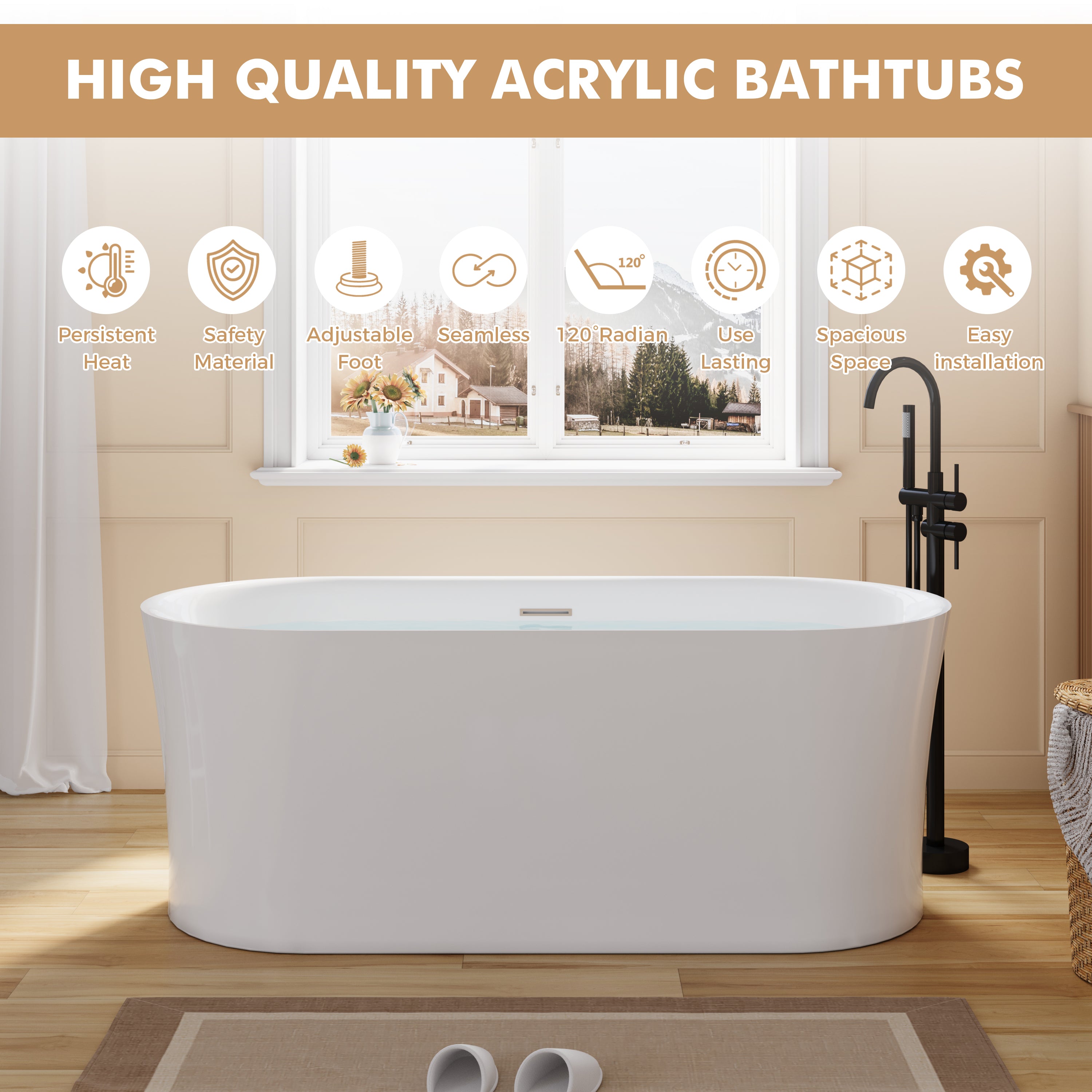 67" Acrylic Freestanding Soaking Bathtub in White with Overflow and Drain