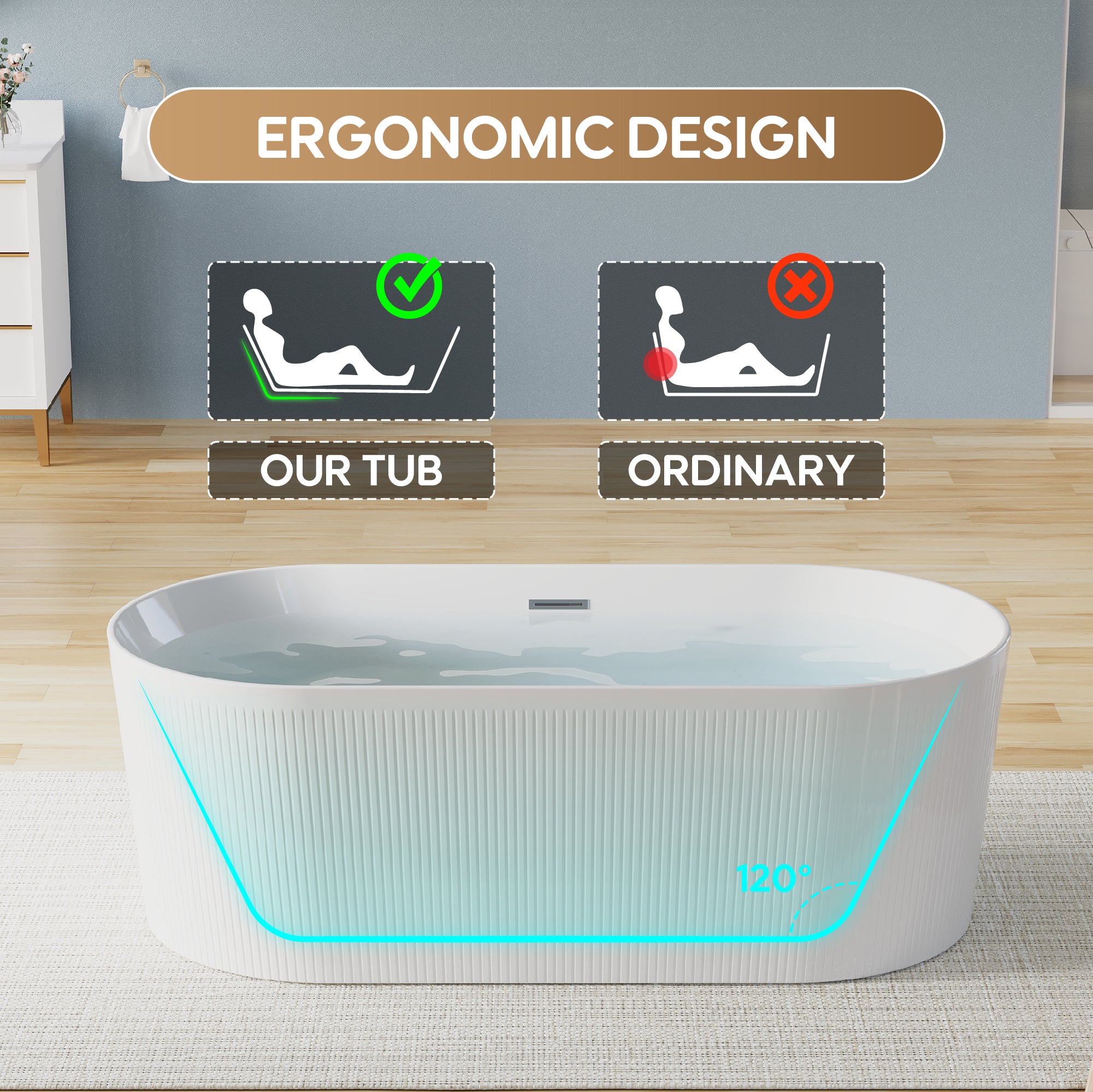 67" Acrylic Freestanding Bathtub, Unique Pleated Design With Chrome Drain and Slotted Overflow in Glossy White