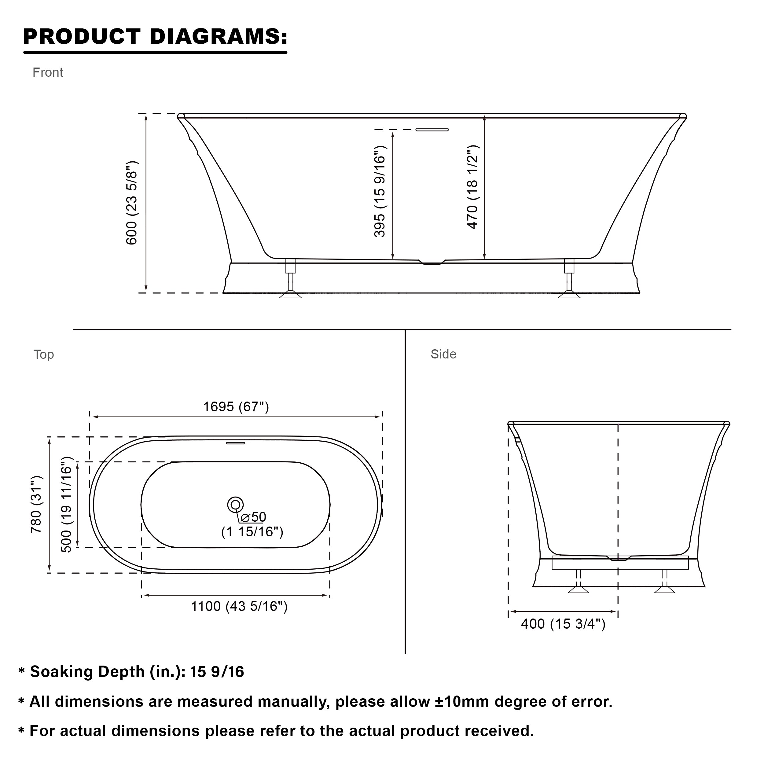 67" Acrylic Freestanding Soaking Bathtub in White with Overflow and Drain