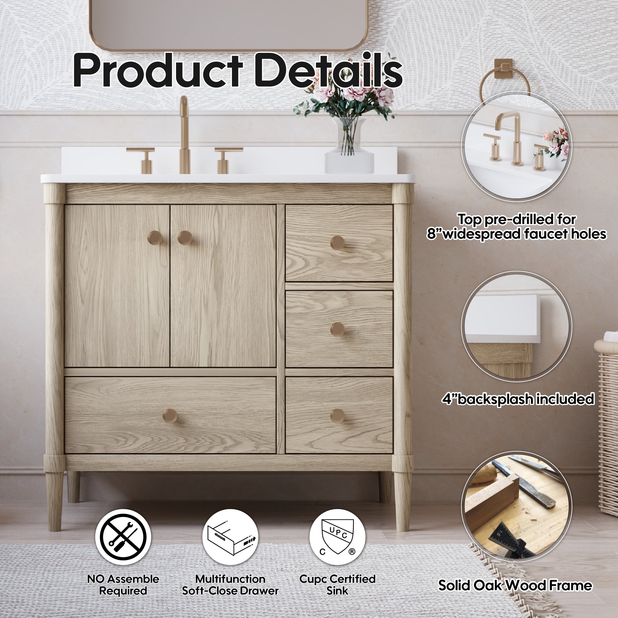 36-Inch Freestanding Oak Bathroom Vanity with Single Carrara White Quartz Top Sink