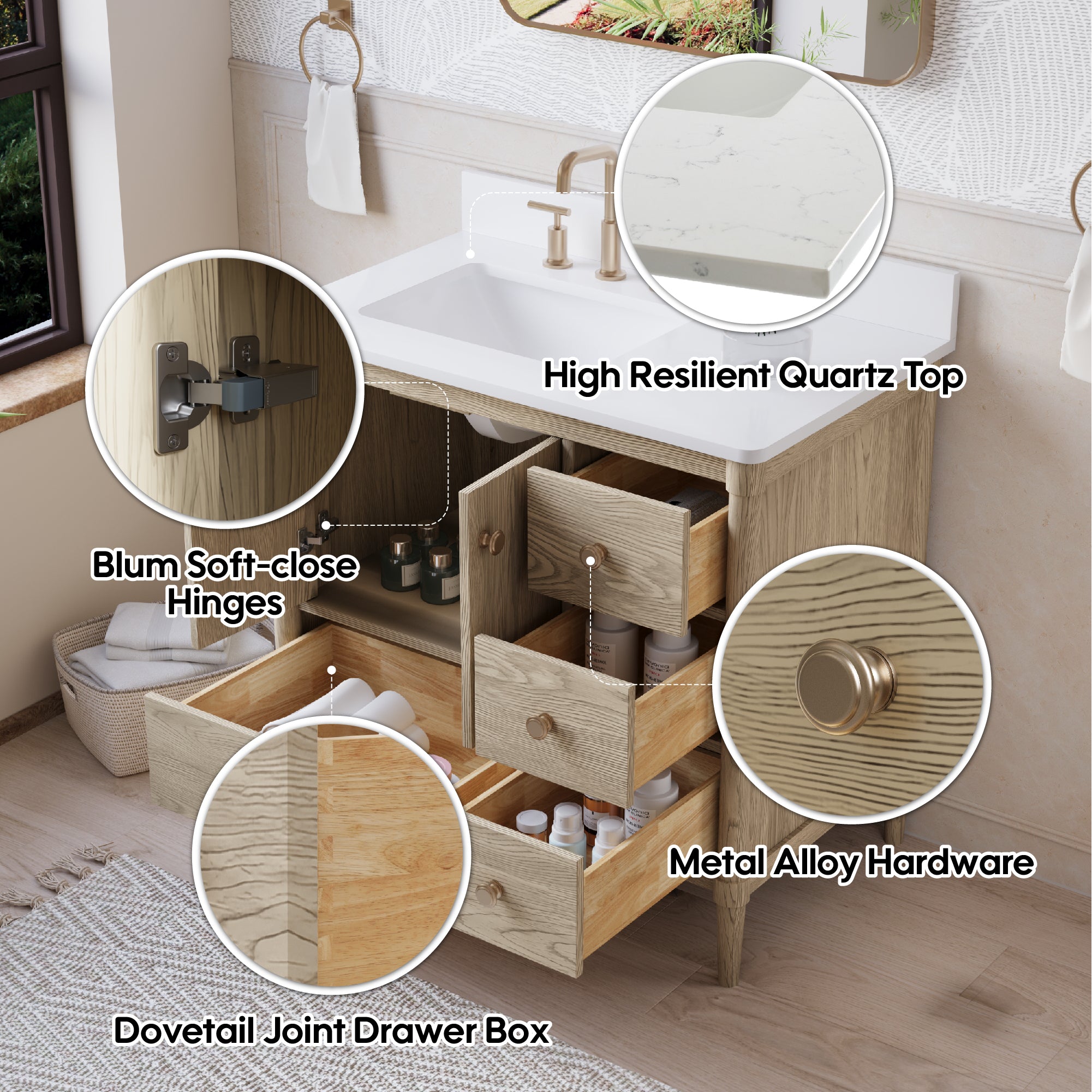 36-Inch Freestanding Oak Bathroom Vanity with Single Carrara White Quartz Top Sink