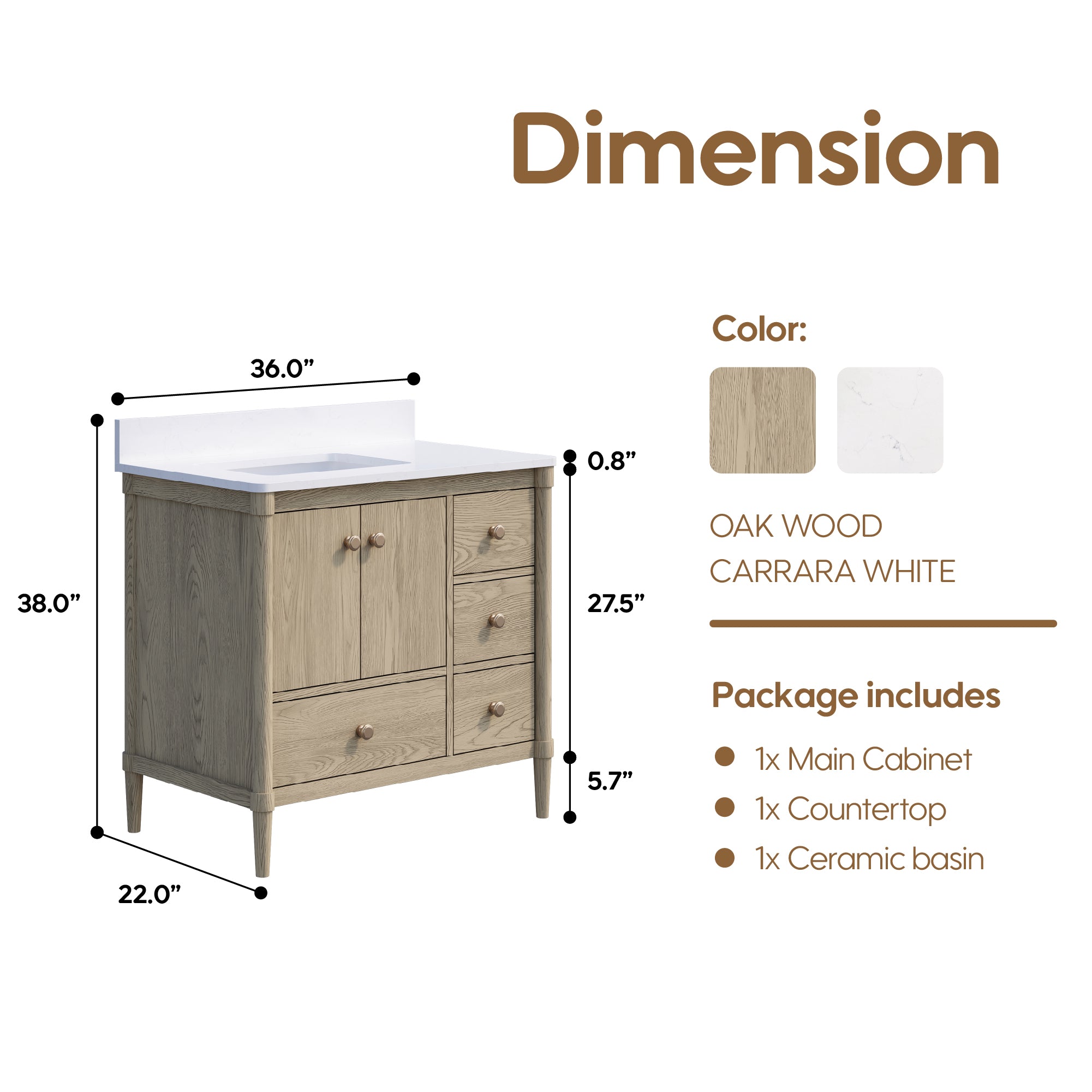 36-Inch Freestanding Oak Bathroom Vanity with Single Carrara White Quartz Top Sink