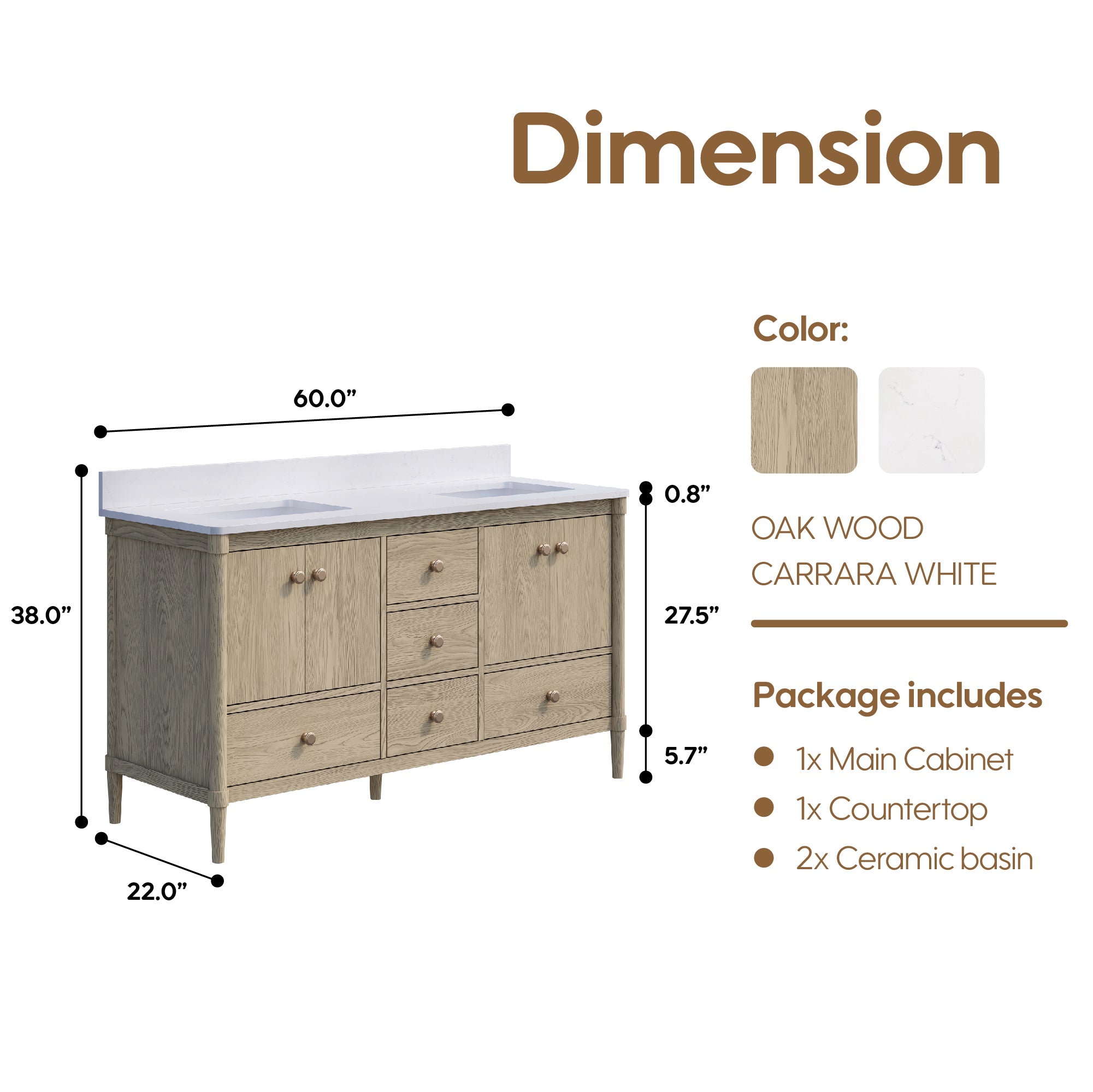 60-Inch Freestanding Oak Bathroom Vanity with Carrara White Quartz Top Double Sinks