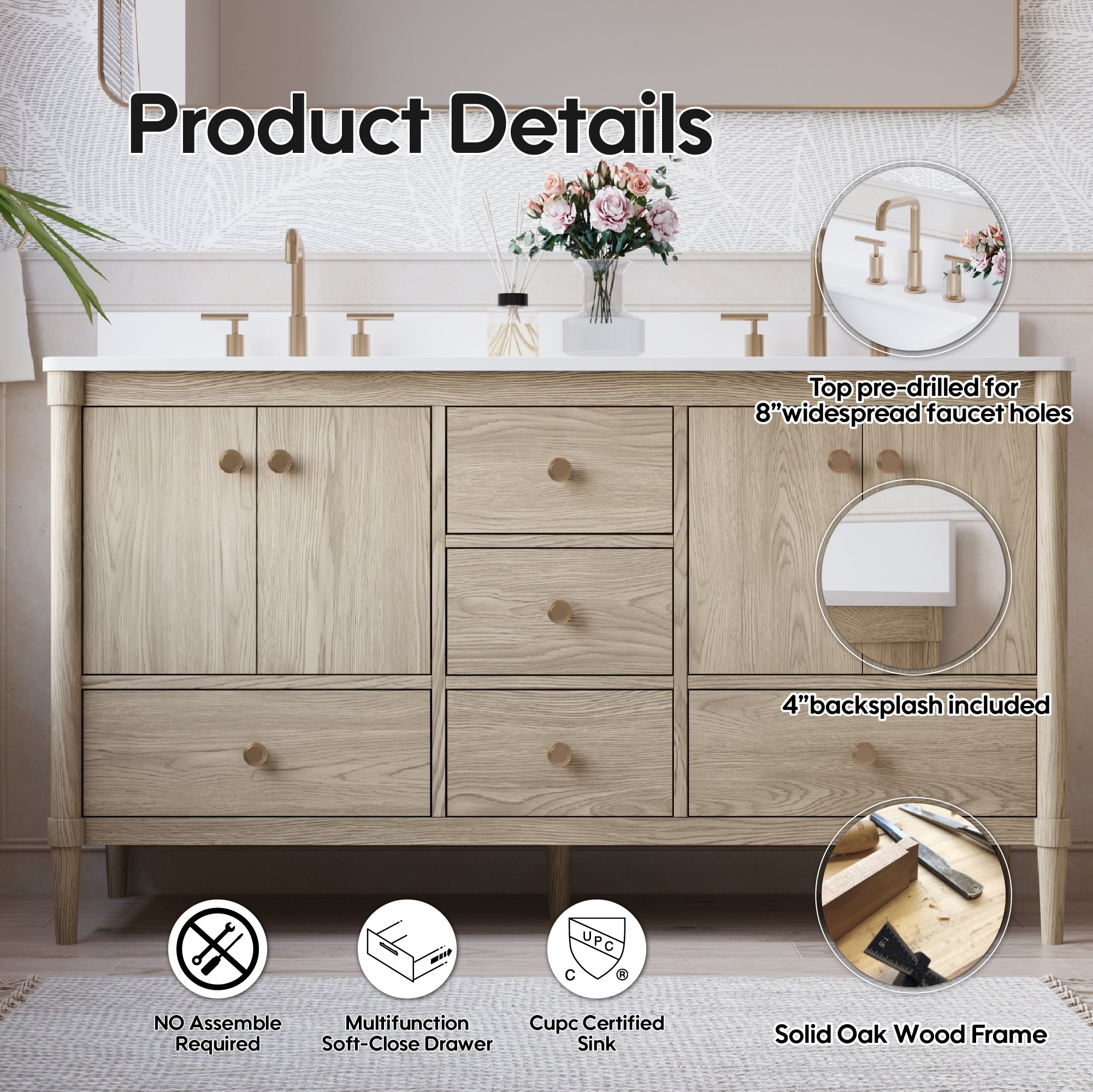 60-Inch Freestanding Oak Bathroom Vanity with Carrara White Quartz Top Double Sinks
