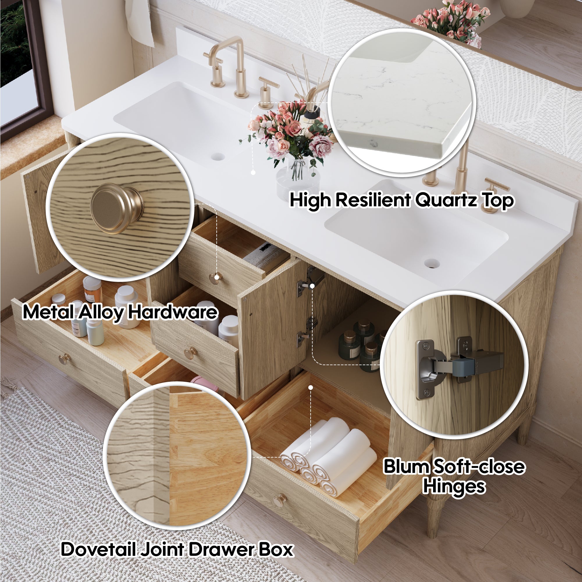 60-Inch Freestanding Oak Bathroom Vanity with Carrara White Quartz Top Double Sinks