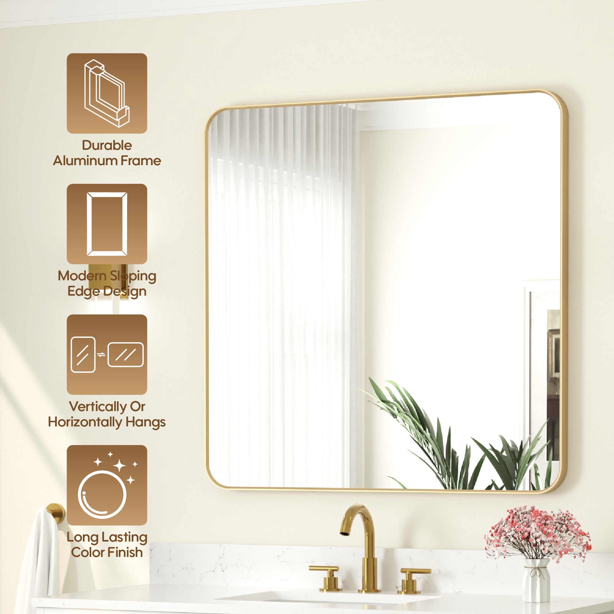 36-in W x 36-in H Rectangular Framed Bathroom Vanity Mirror in Brushed Gold