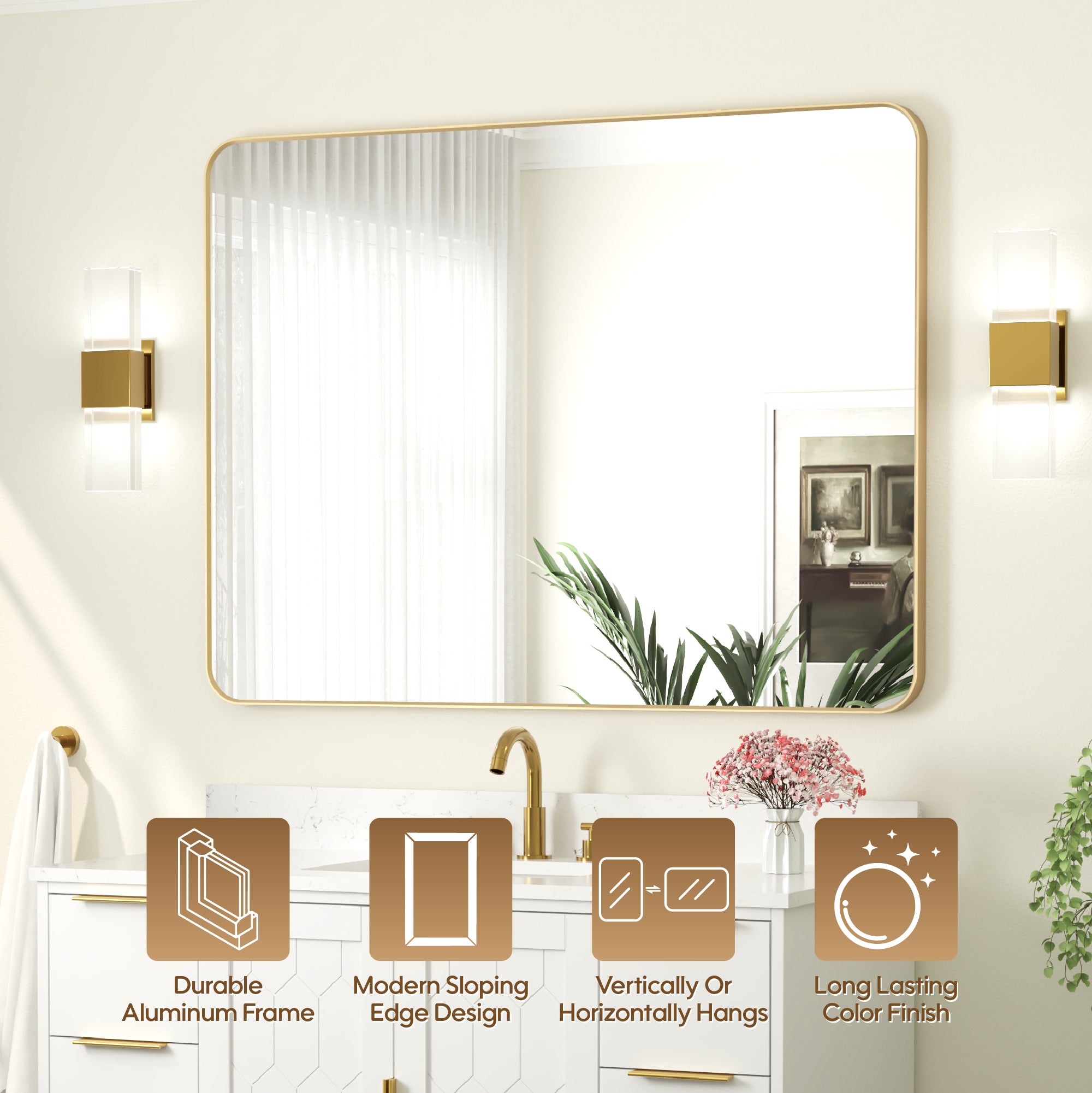 48-in W x 36-in H Brushed Gold Rectangular Framed Bathroom Vanity Mirror